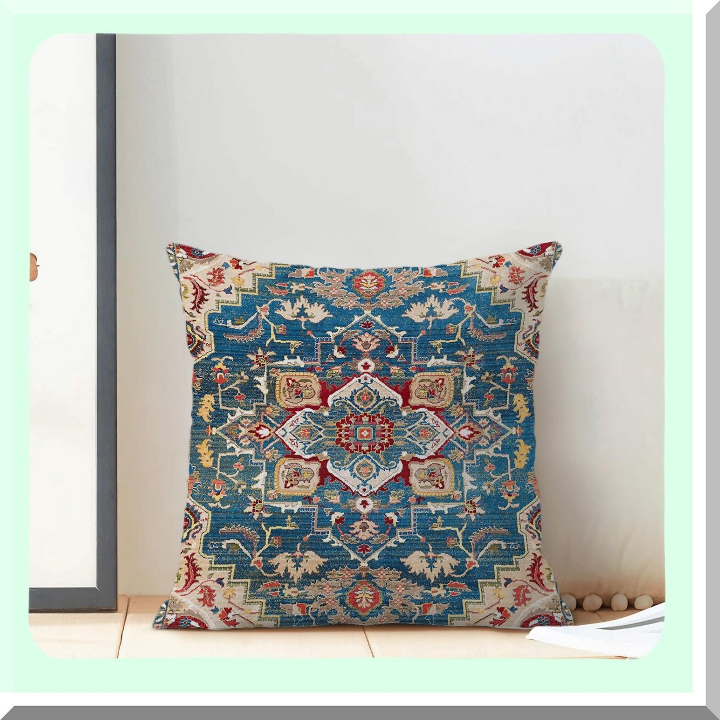 Ethnic Linen Boho Pillow Covers - Set of 2 18x18 Blue Red Carpet Pattern Farmhouse Bohemian Cushion Throw Pillows for Sofa Couch Outdoor Decor