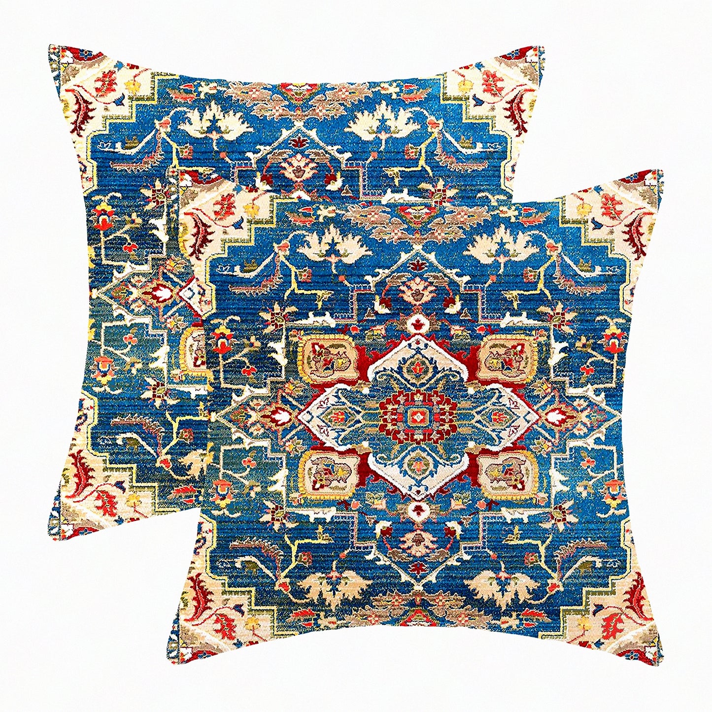 Ethnic Linen Boho Pillow Covers - Set of 2 18x18 Blue Red Carpet Pattern Farmhouse Bohemian Cushion Throw Pillows for Sofa Couch Outdoor Decor