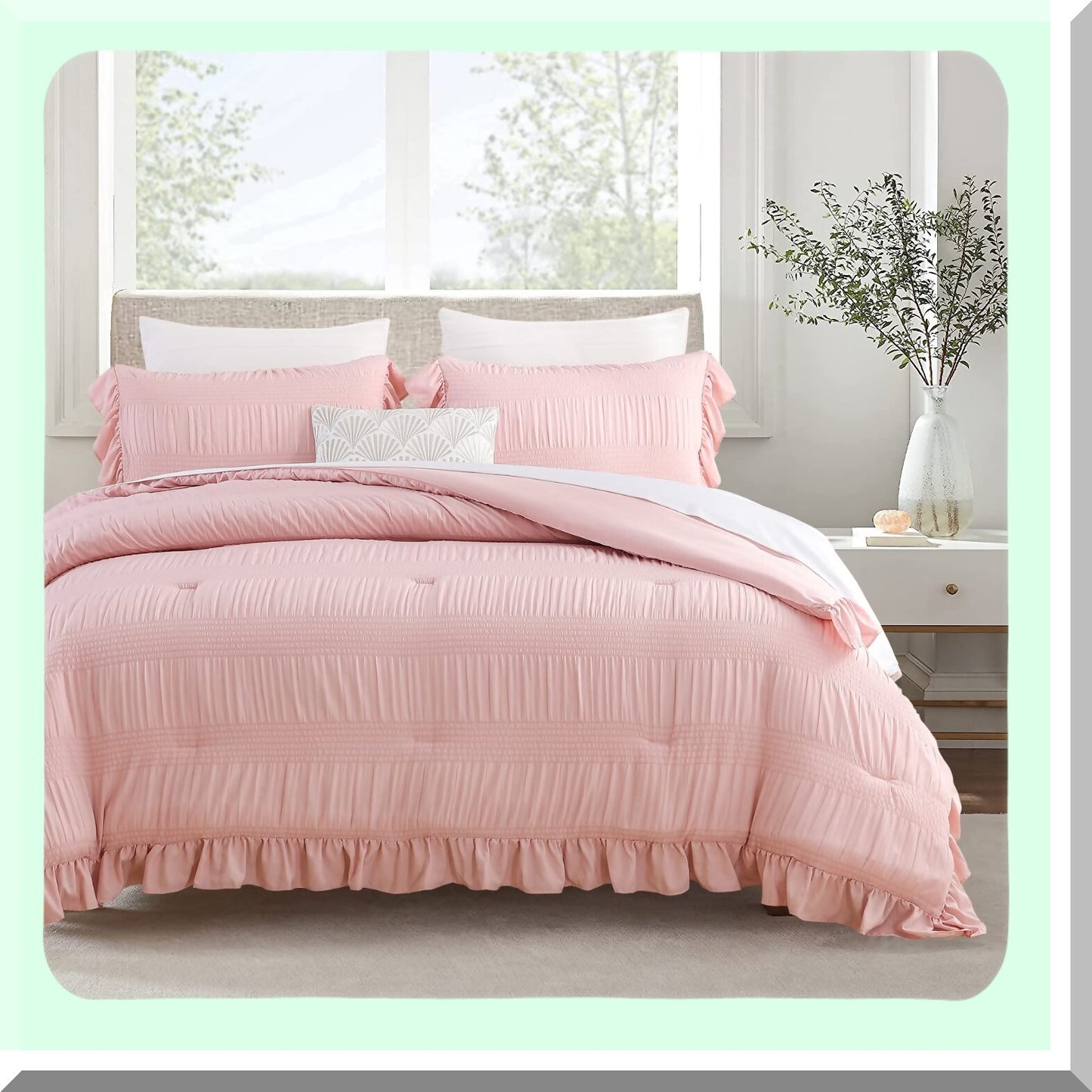 UltraSoft Blush Pink Seersucker Comforter Set - Queen Size 3 Piece Bedding Set with Ruffled Edges & Down Alternative LightWeight Comforter - Cozy Bedroom Decor
