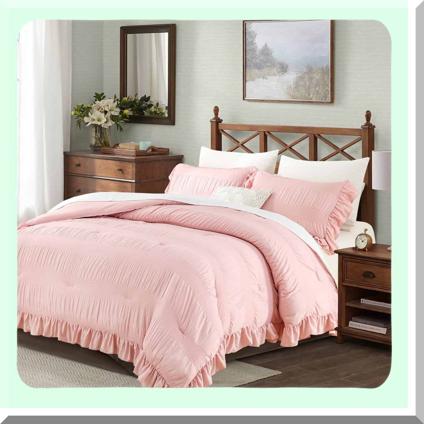 UltraSoft Blush Pink Seersucker Comforter Set - Queen Size 3 Piece Bedding Set with Ruffled Edges & Down Alternative LightWeight Comforter - Cozy Bedroom Decor