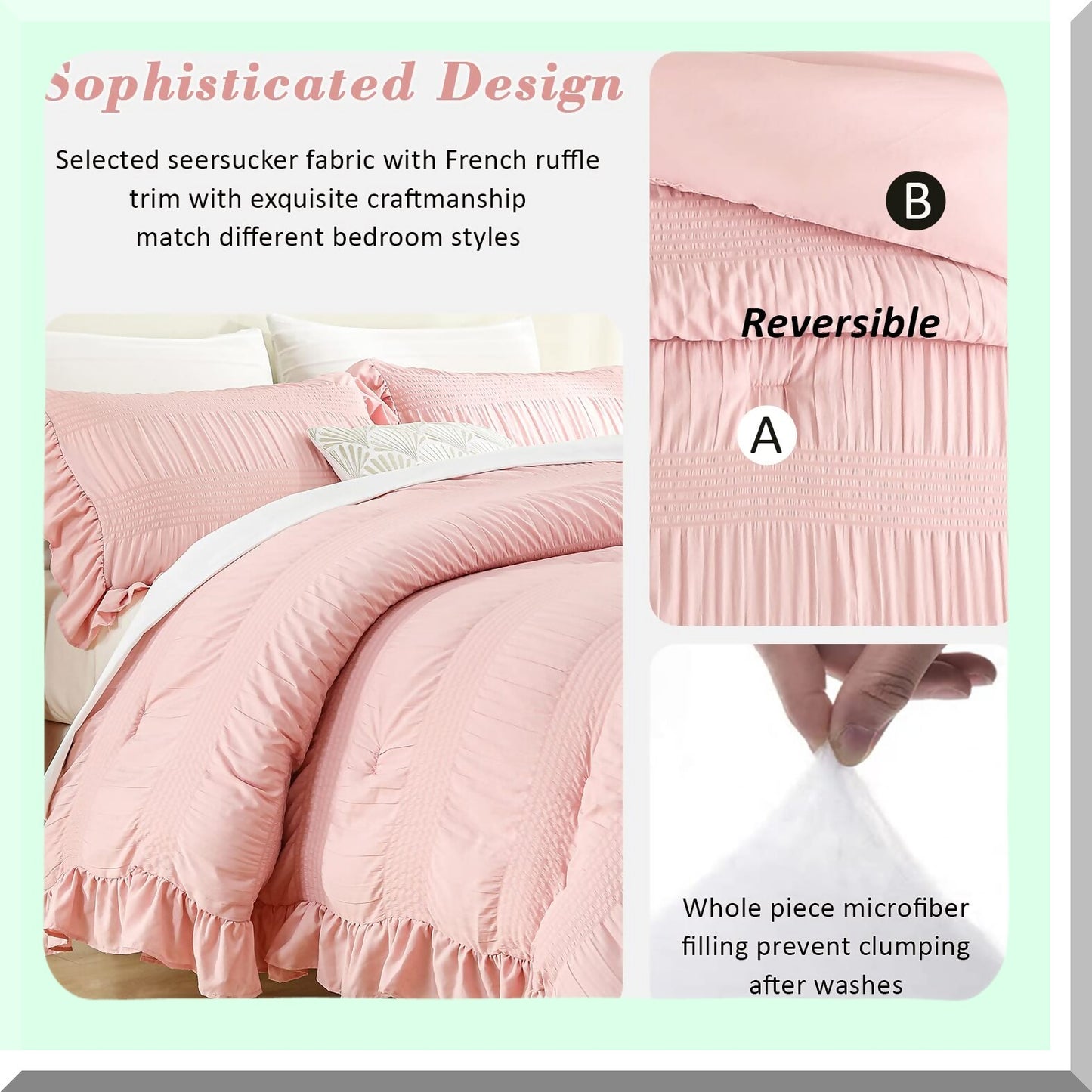 UltraSoft Blush Pink Seersucker Comforter Set - Queen Size 3 Piece Bedding Set with Ruffled Edges & Down Alternative LightWeight Comforter - Cozy Bedroom Decor