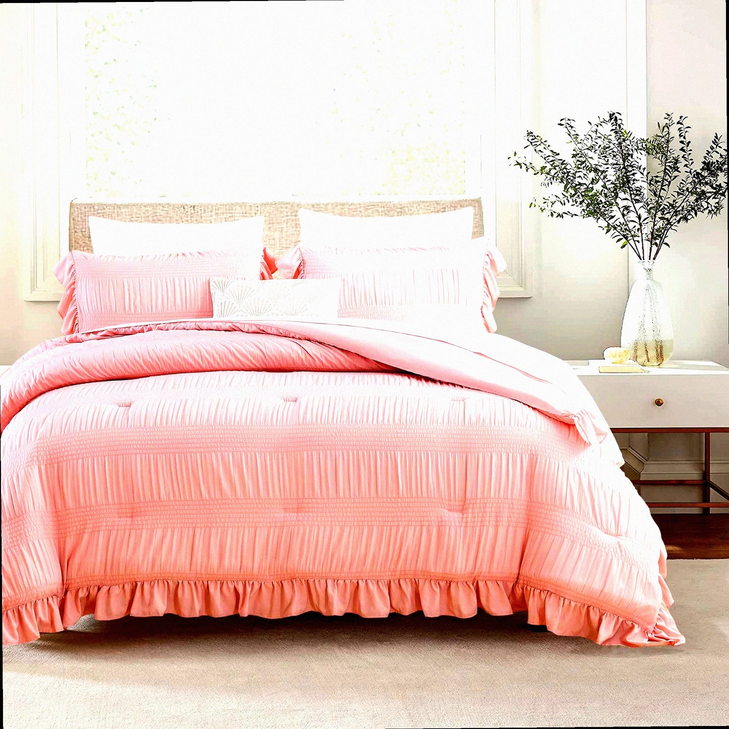 UltraSoft Blush Pink Seersucker Comforter Set - Queen Size 3 Piece Bedding Set with Ruffled Edges & Down Alternative LightWeight Comforter - Cozy Bedroom Decor