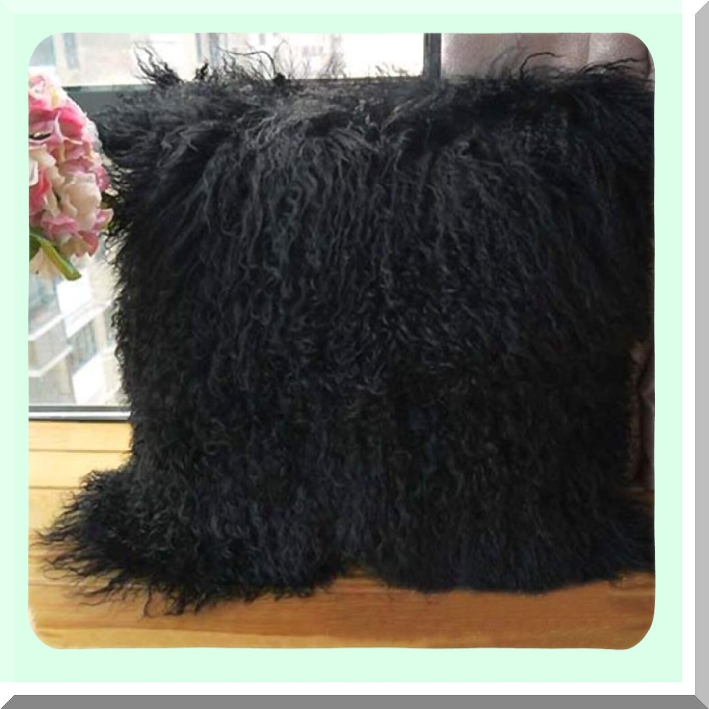 Luxury Mongolian Wool Plush Leather Pillowcase - Black 20x20 Inch - Soft Sheep Wool Cushion Cover - Genuine Tibetan Sheepskin Décor