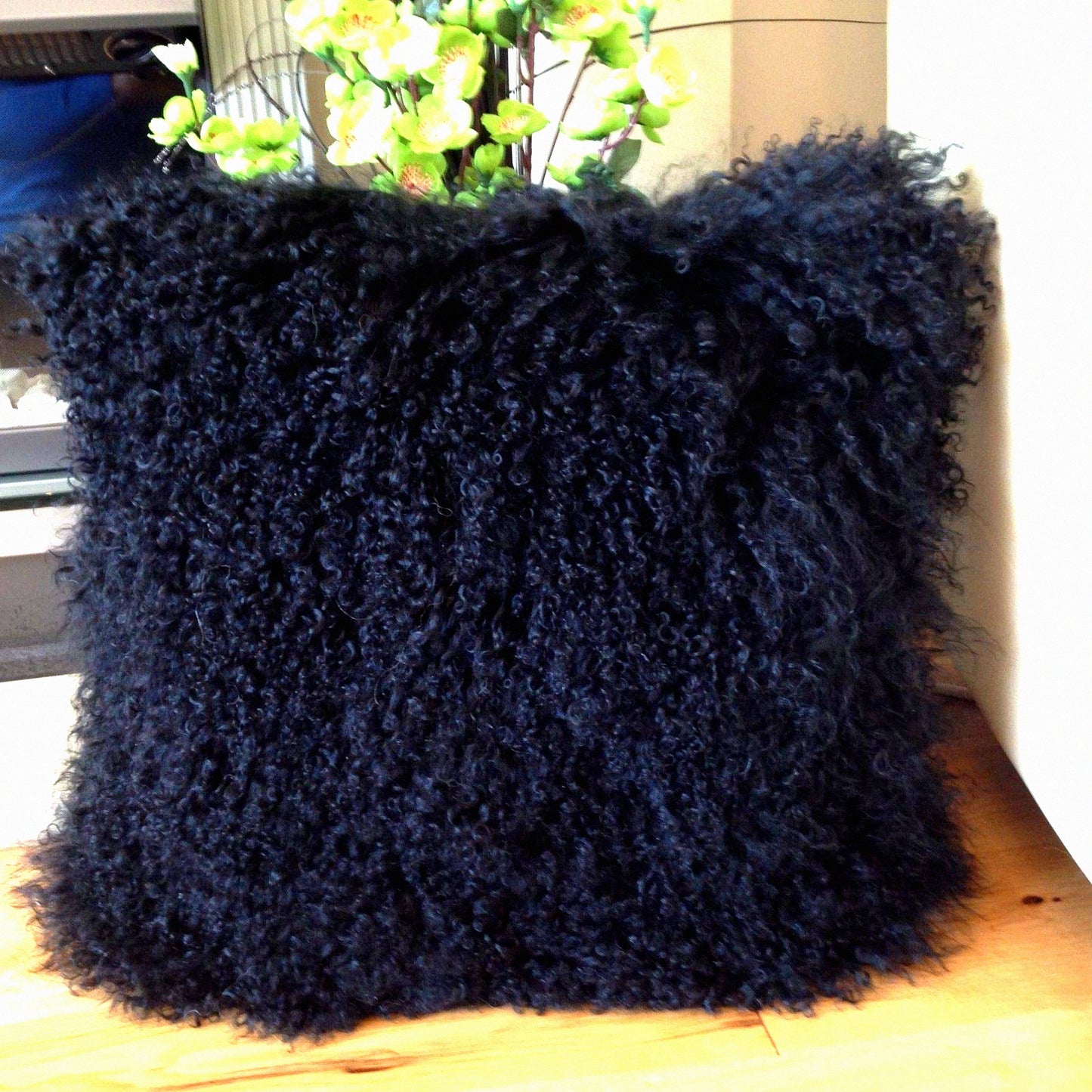 Luxury Mongolian Wool Plush Leather Pillowcase - Black 20x20 Inch - Soft Sheep Wool Cushion Cover - Genuine Tibetan Sheepskin Décor