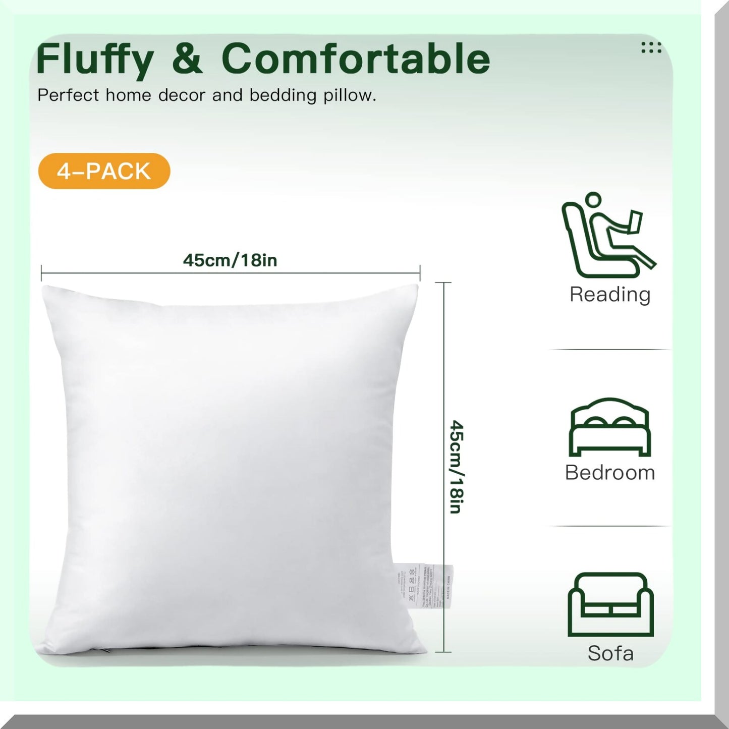 Waterproof Outdoor Pillow Inserts - 4 Pack 18x18 Soft Fluffy Cushion Inserts for Patio Garden Bench, Farmhouse Sofa, Couch, Bed - White