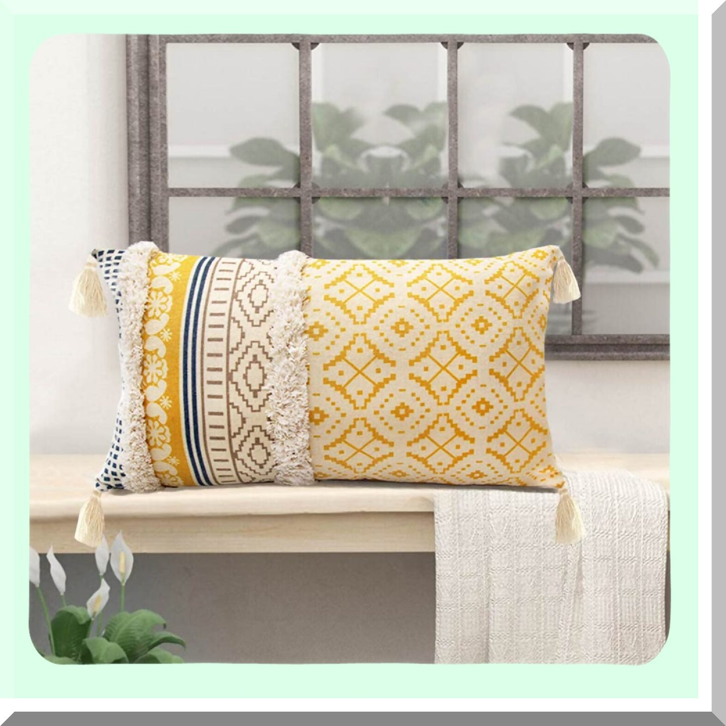 Hand-Woven Tufted Moroccan Boho Pillowcase - Yellow 12x20 Inches - Decorative Lumber Cover with Tels for Farmhouse Living Room, Bedroom, Sofa