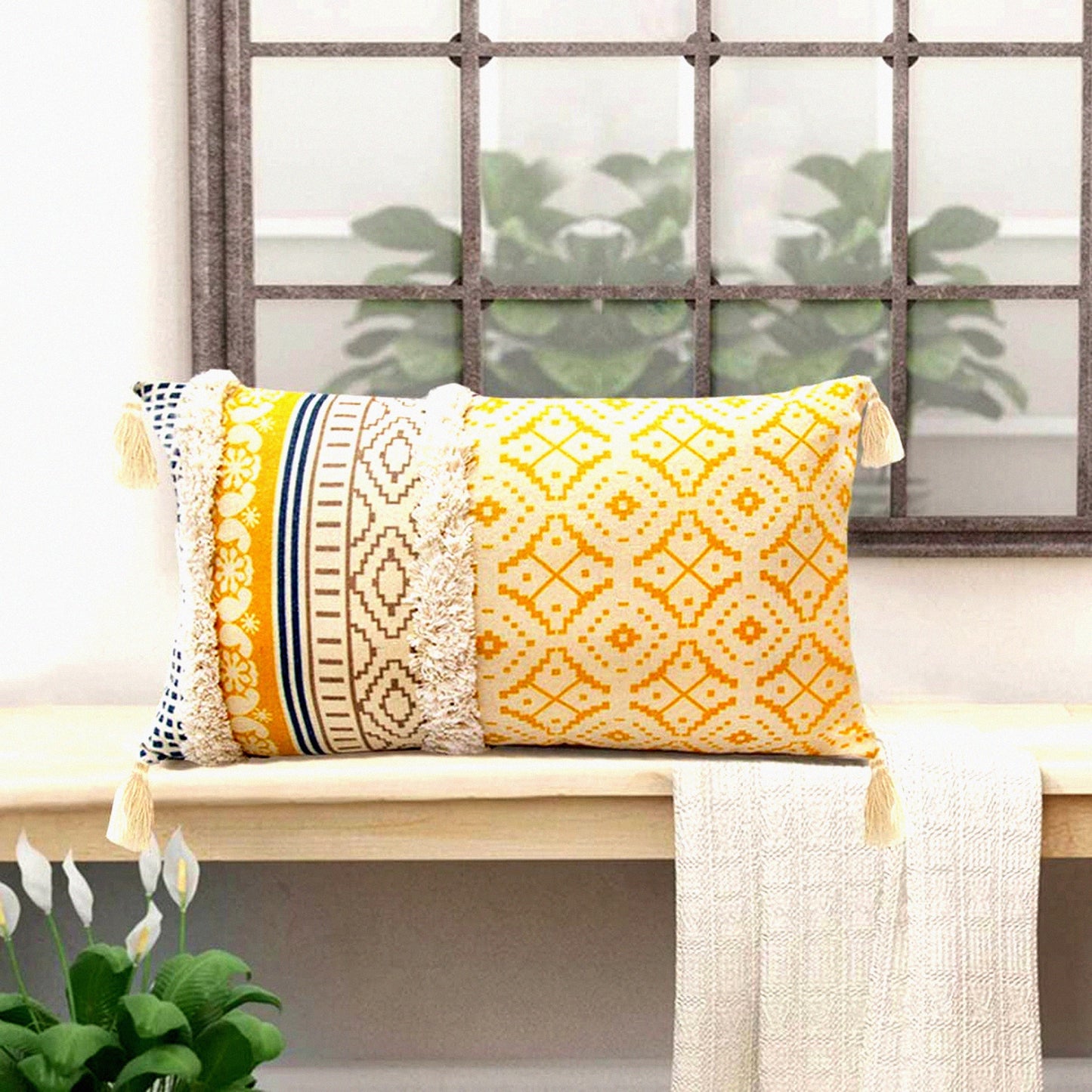 Hand-Woven Tufted Moroccan Boho Pillowcase - Yellow 12x20 Inches - Decorative Lumber Cover with Tels for Farmhouse Living Room, Bedroom, Sofa