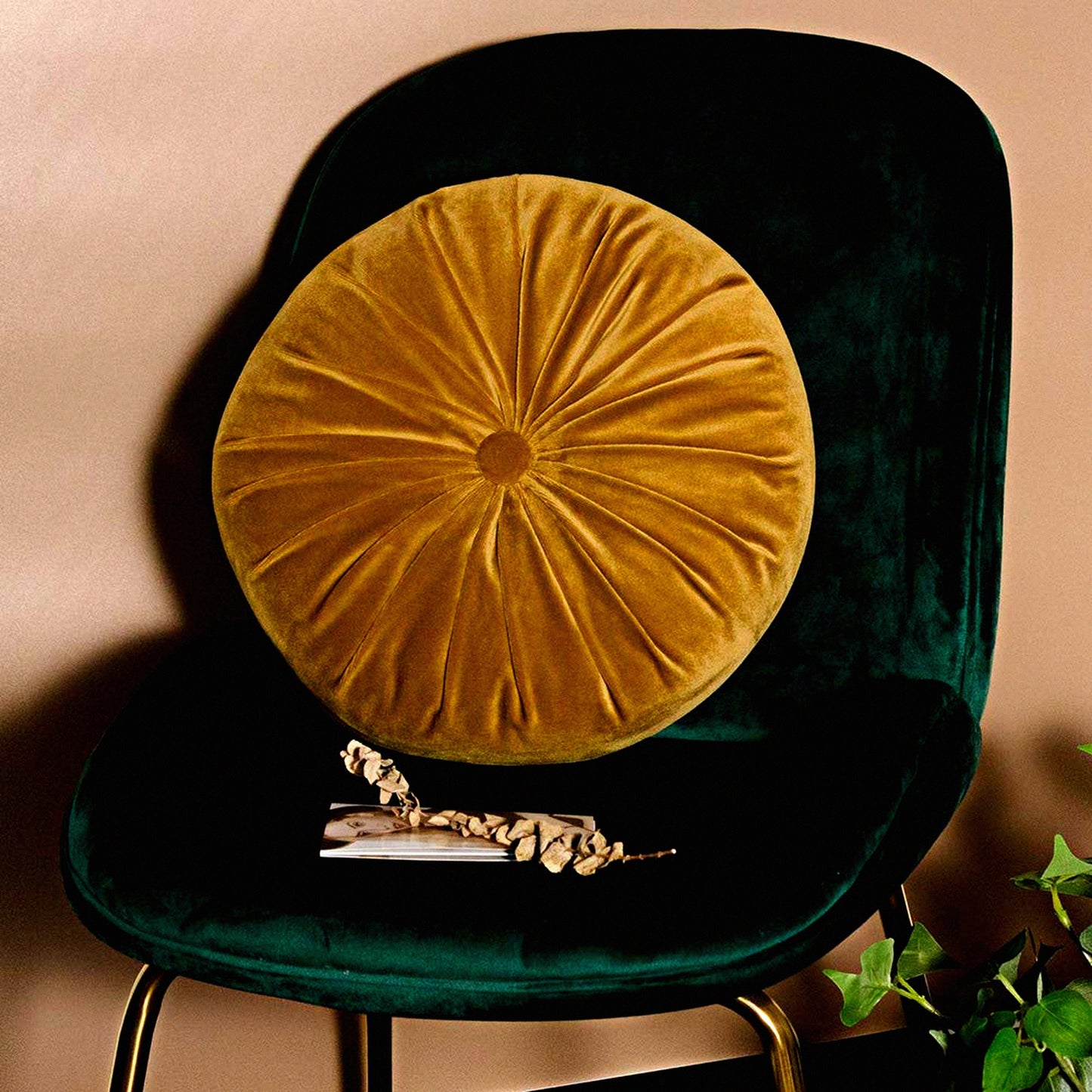 Golden Harvest Velvet Round Floor Cushion - 15" Diameter - Solid Color Pumpkin Pleated Throw Pillow - Home Decor Accent - Yellow Gold Theme