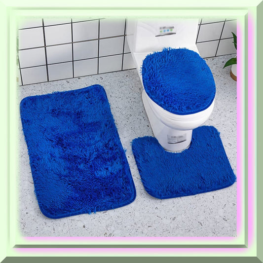 3 Pieces Shaggy Bath Mat Set Blue
