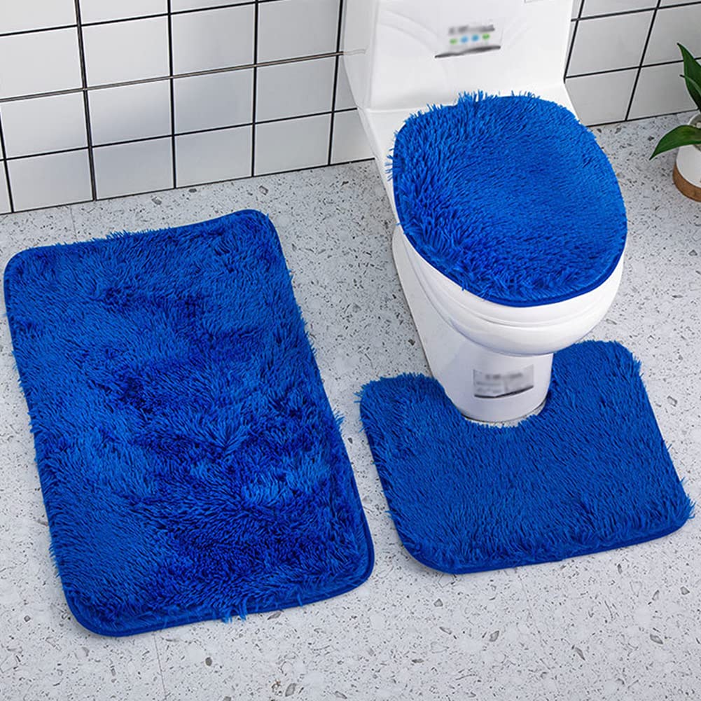 3 Pieces Shaggy Bath Mat Set Blue