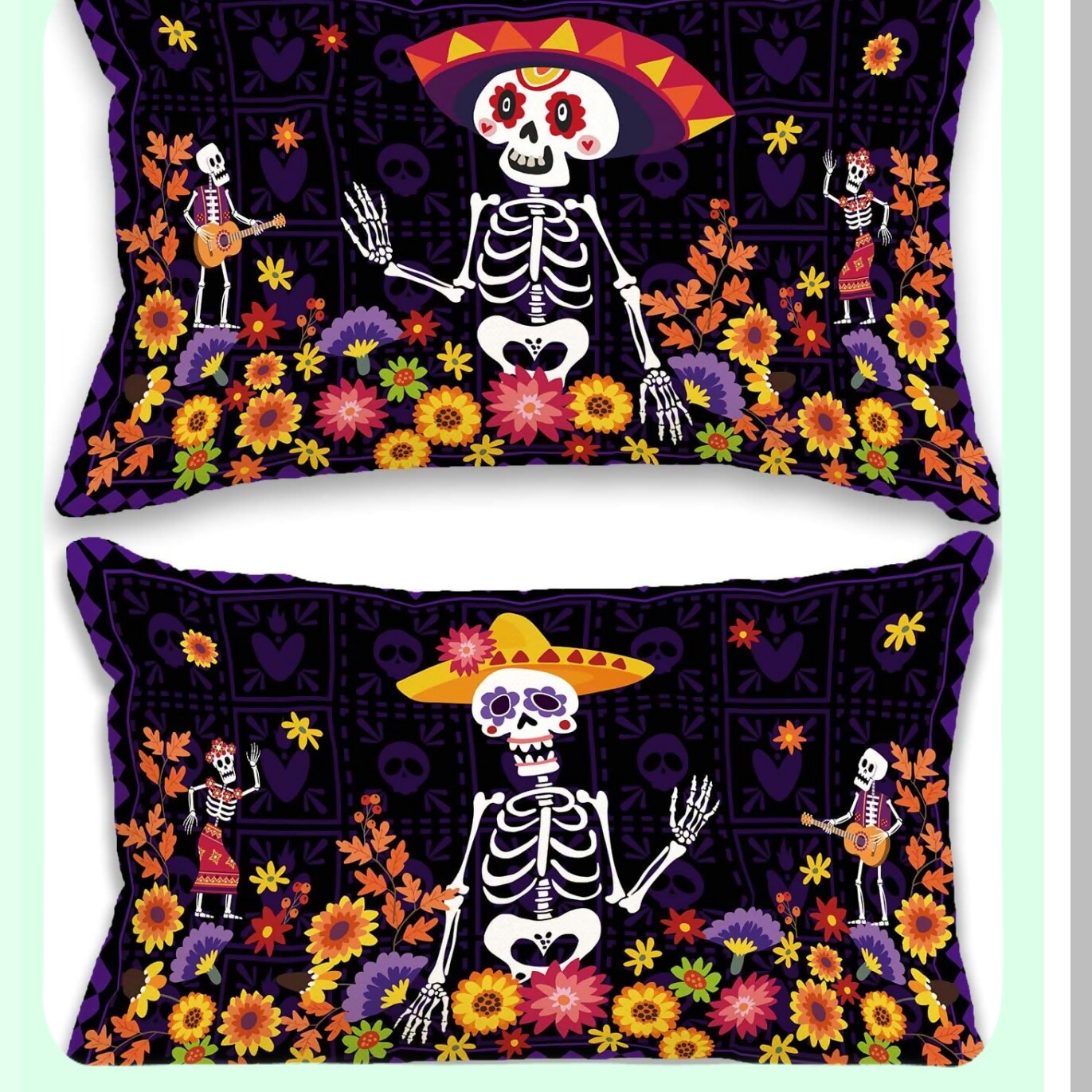 Sugar Skull Fiesta Pillow Covers - Set of 2 | Day of The Dead Decorative Throw Pillow Cases | Dia De Los Muertos Flower Design 12x20 | Mexican Party Supplies