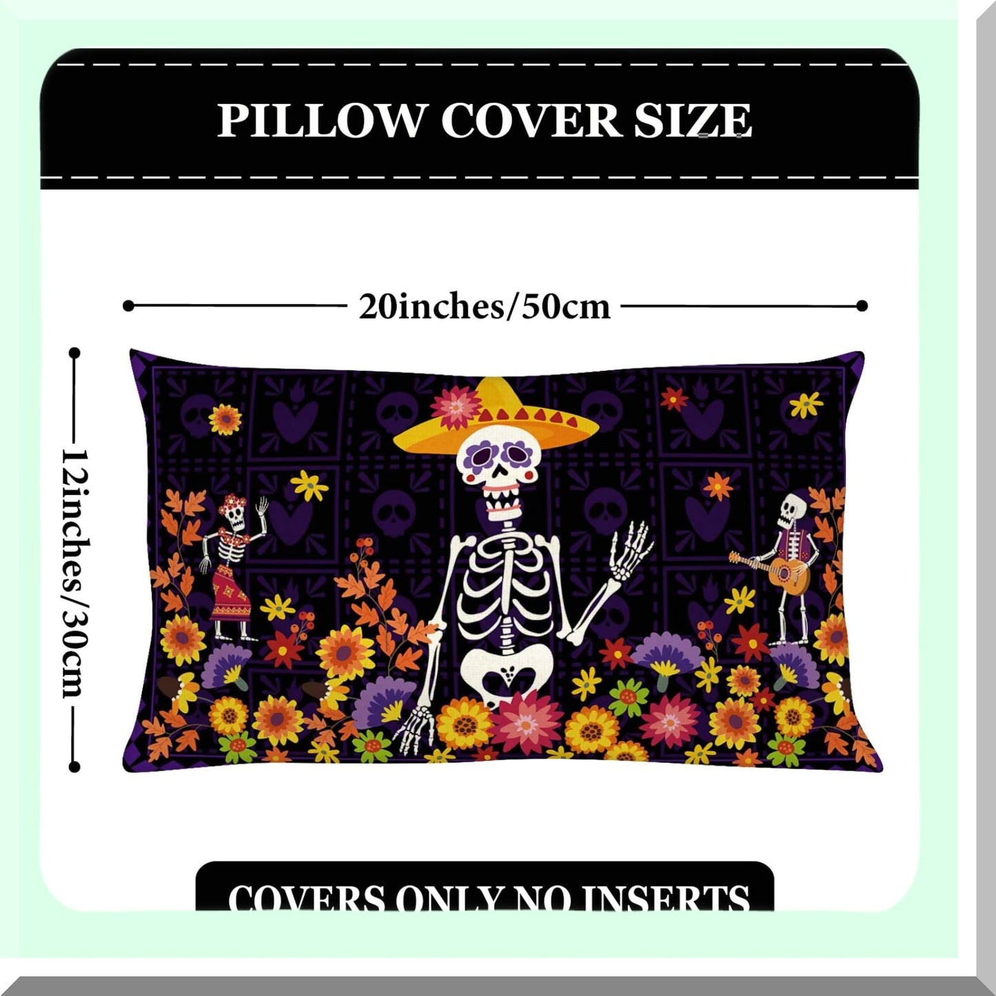 Sugar Skull Fiesta Pillow Covers - Set of 2 | Day of The Dead Decorative Throw Pillow Cases | Dia De Los Muertos Flower Design 12x20 | Mexican Party Supplies