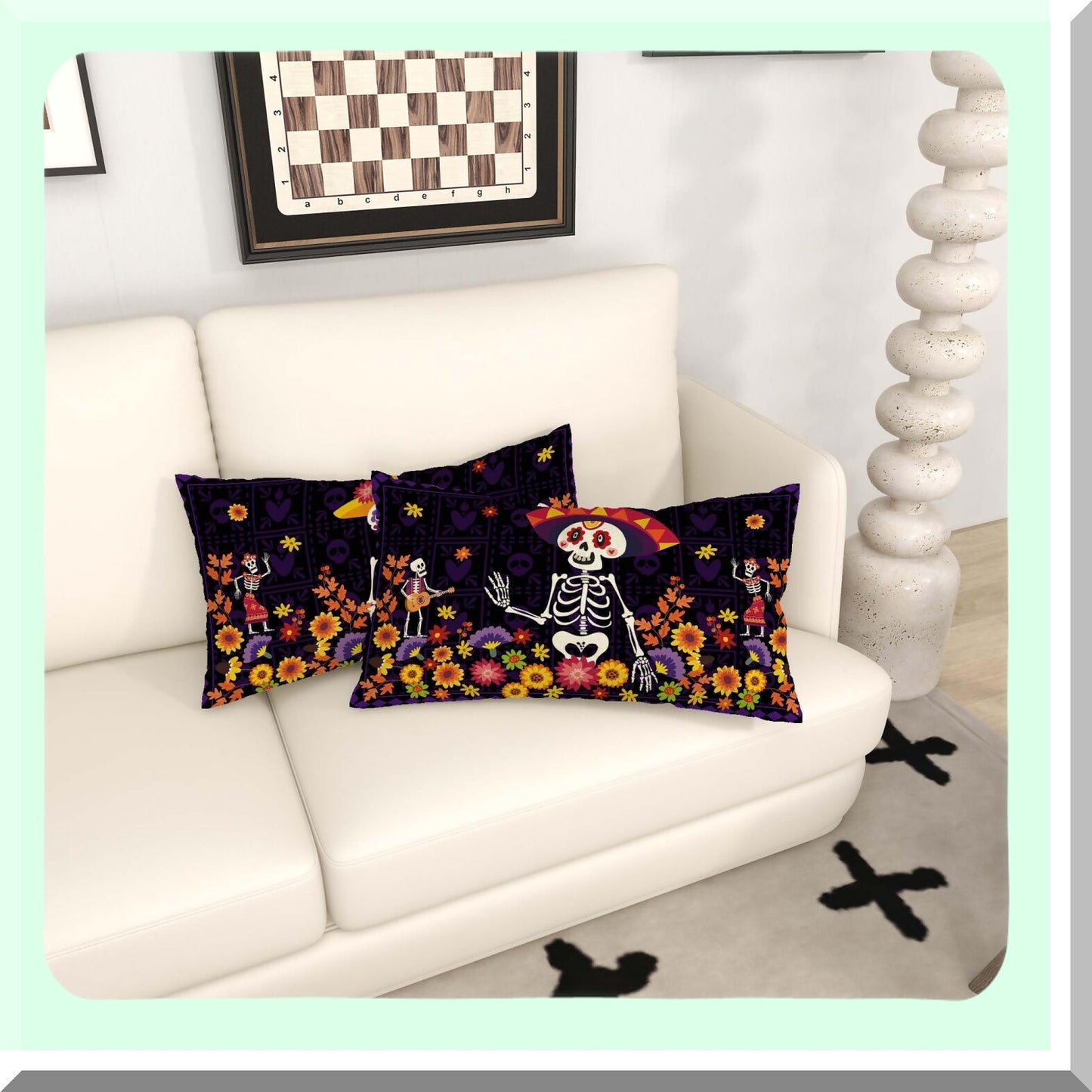 Sugar Skull Fiesta Pillow Covers - Set of 2 | Day of The Dead Decorative Throw Pillow Cases | Dia De Los Muertos Flower Design 12x20 | Mexican Party Supplies