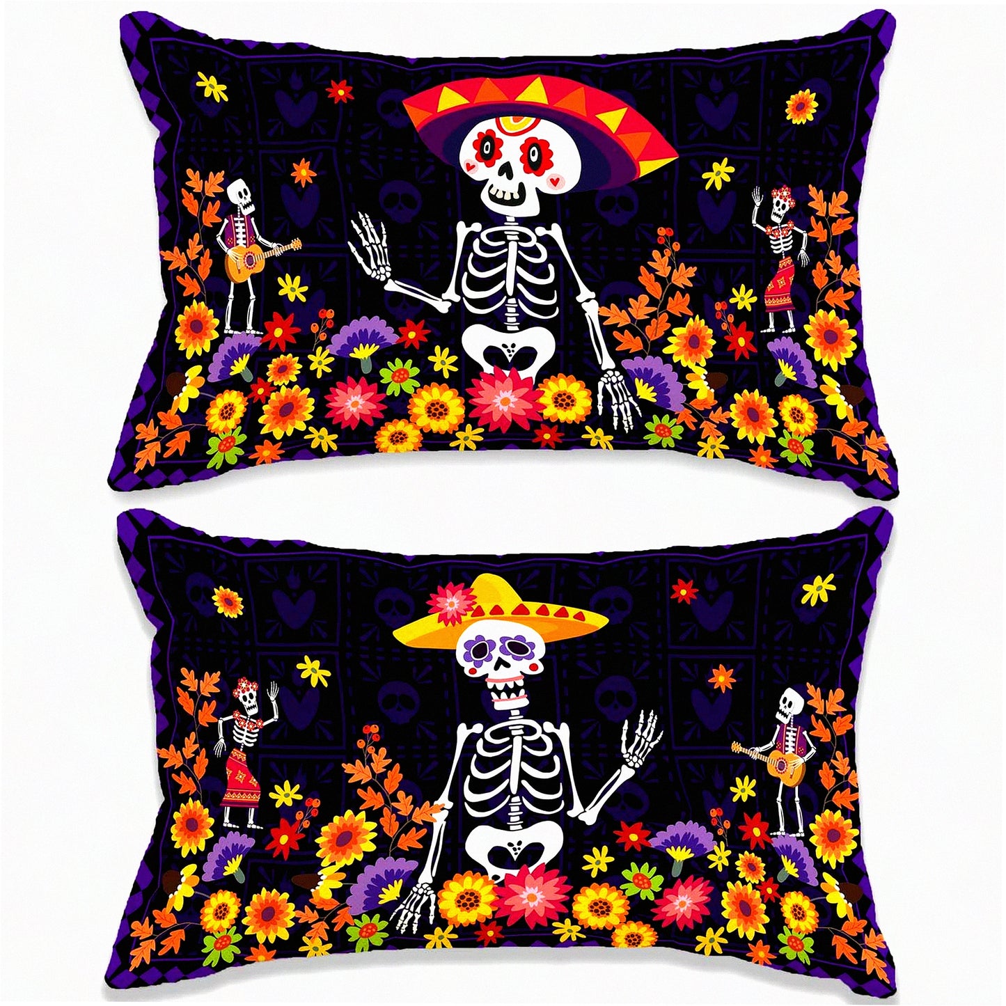 Sugar Skull Fiesta Pillow Covers - Set of 2 | Day of The Dead Decorative Throw Pillow Cases | Dia De Los Muertos Flower Design 12x20 | Mexican Party Supplies