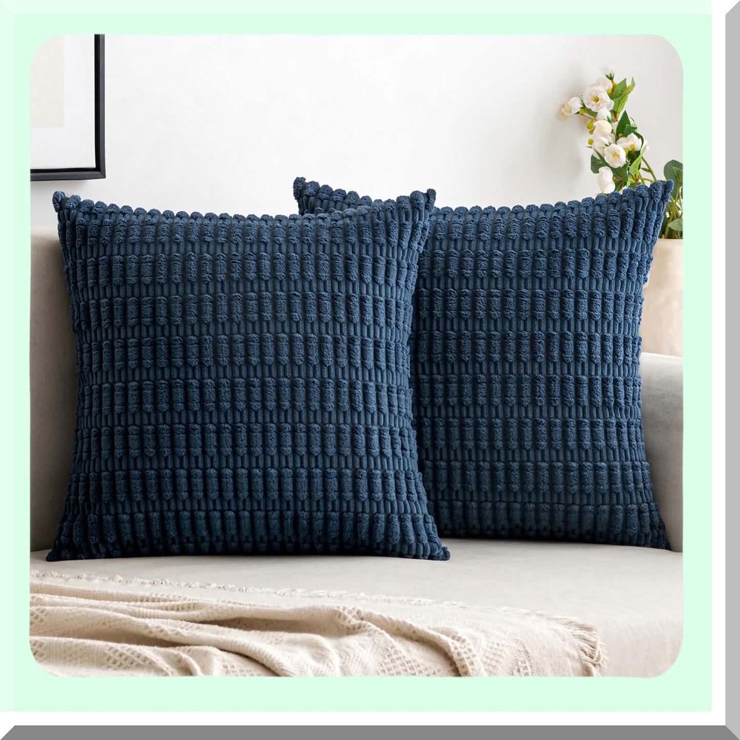 Blue Boho Farmhouse Pillow Covers - Set of 2 | Soft Corduroy Decorative Throw Pillow Cases 18X18 Inch | Modern Spring Home Decor for Couch, Living Room, Bed