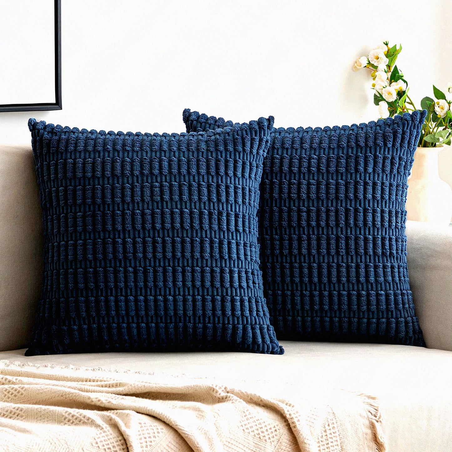 Blue Boho Farmhouse Pillow Covers - Set of 2 | Soft Corduroy Decorative Throw Pillow Cases 18X18 Inch | Modern Spring Home Decor for Couch, Living Room, Bed