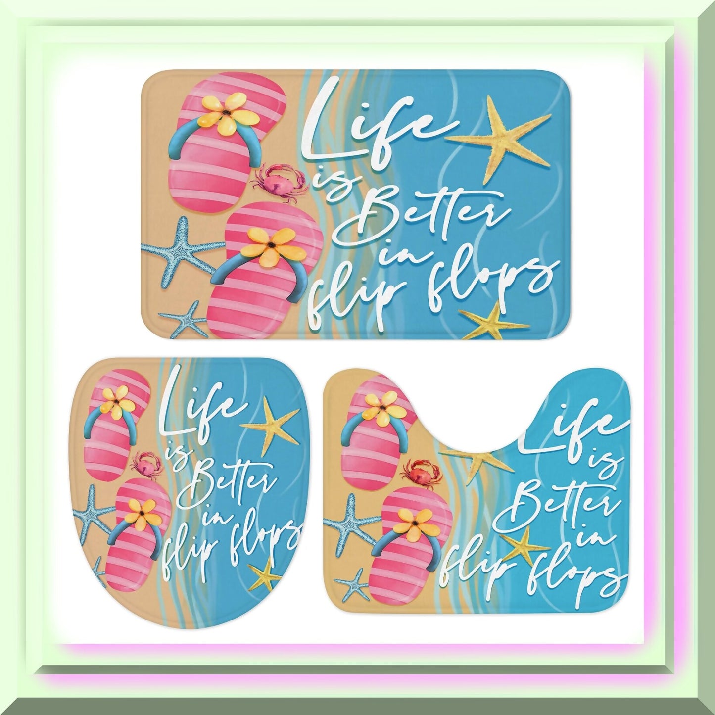 3Pcs Pink Beach Bathroom Rugs Set
