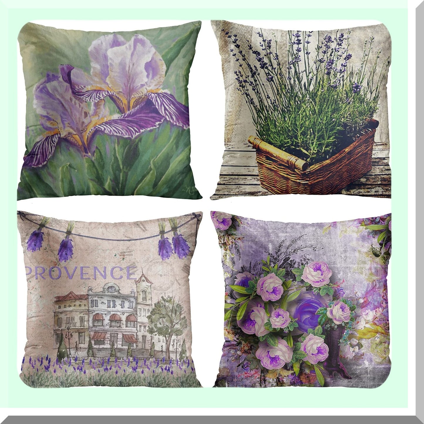 Watercolor Blossom Lavender Iris Pillow Covers - Set of 4 | Summer Love Decorative Pillow Cases | Provence France Home Decor 18x18 Inches