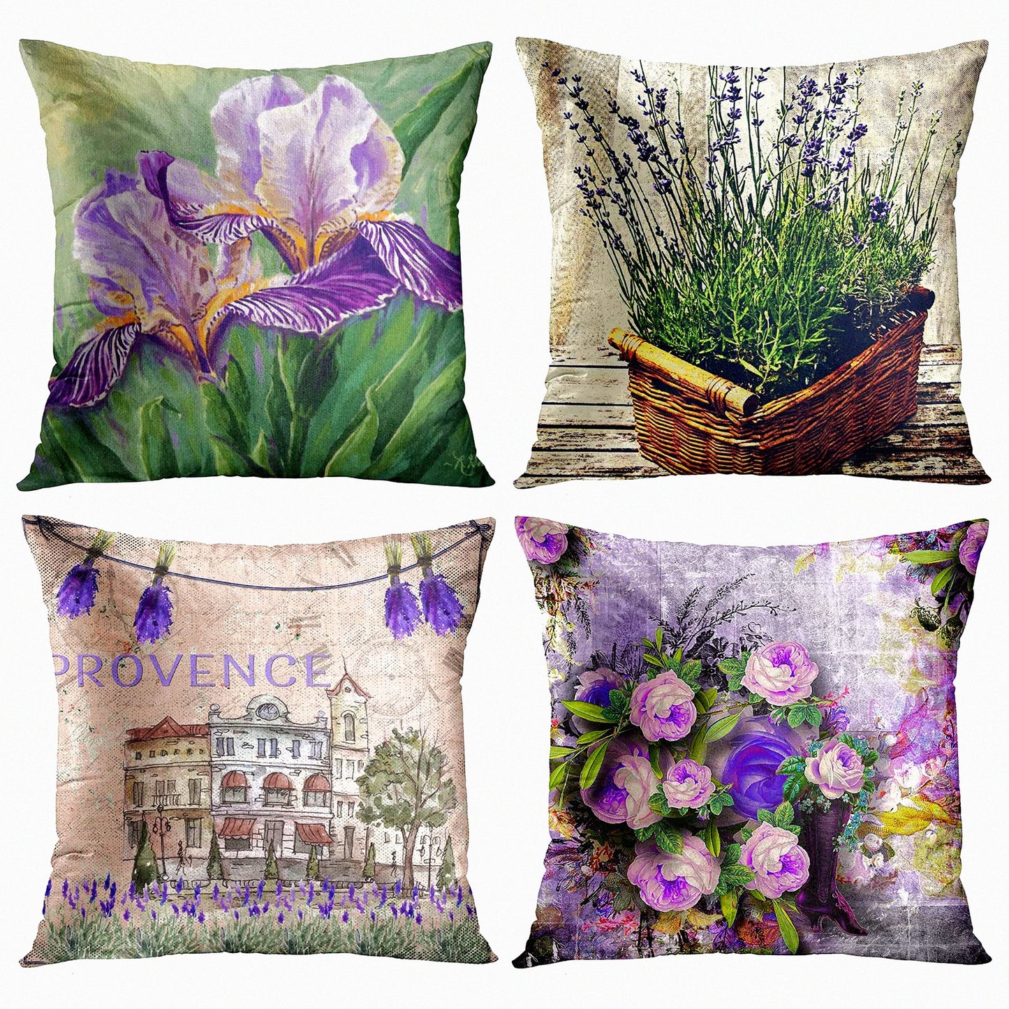 Watercolor Blossom Lavender Iris Pillow Covers - Set of 4 | Summer Love Decorative Pillow Cases | Provence France Home Decor 18x18 Inches