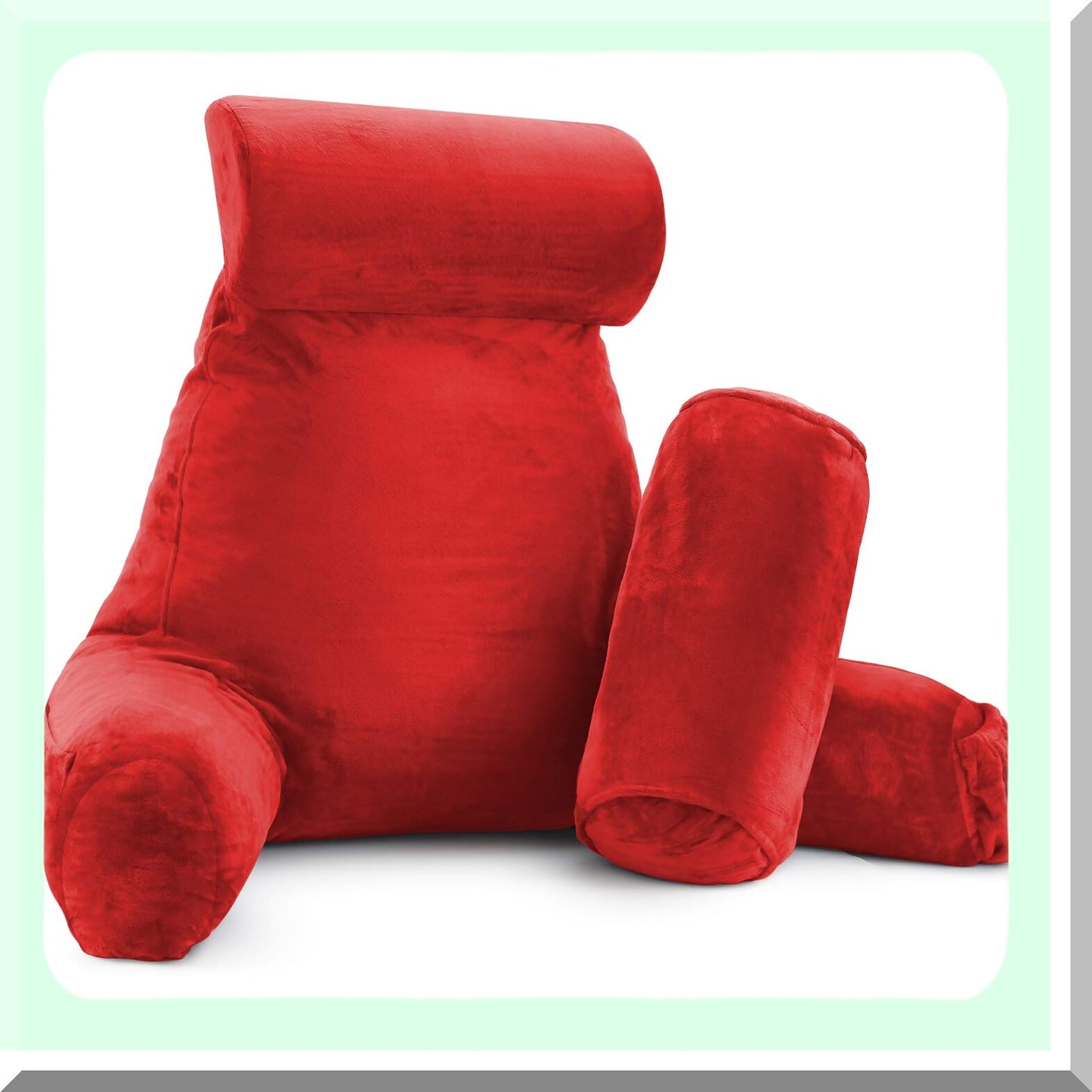 MemoryFoam Comfort Pillow - Lumbar Support Reading Cushion with Arms & Pockets for Kids, Teens, Adults. Detachable Neck Roll for Extra Comfort. Large Size, Red Color.