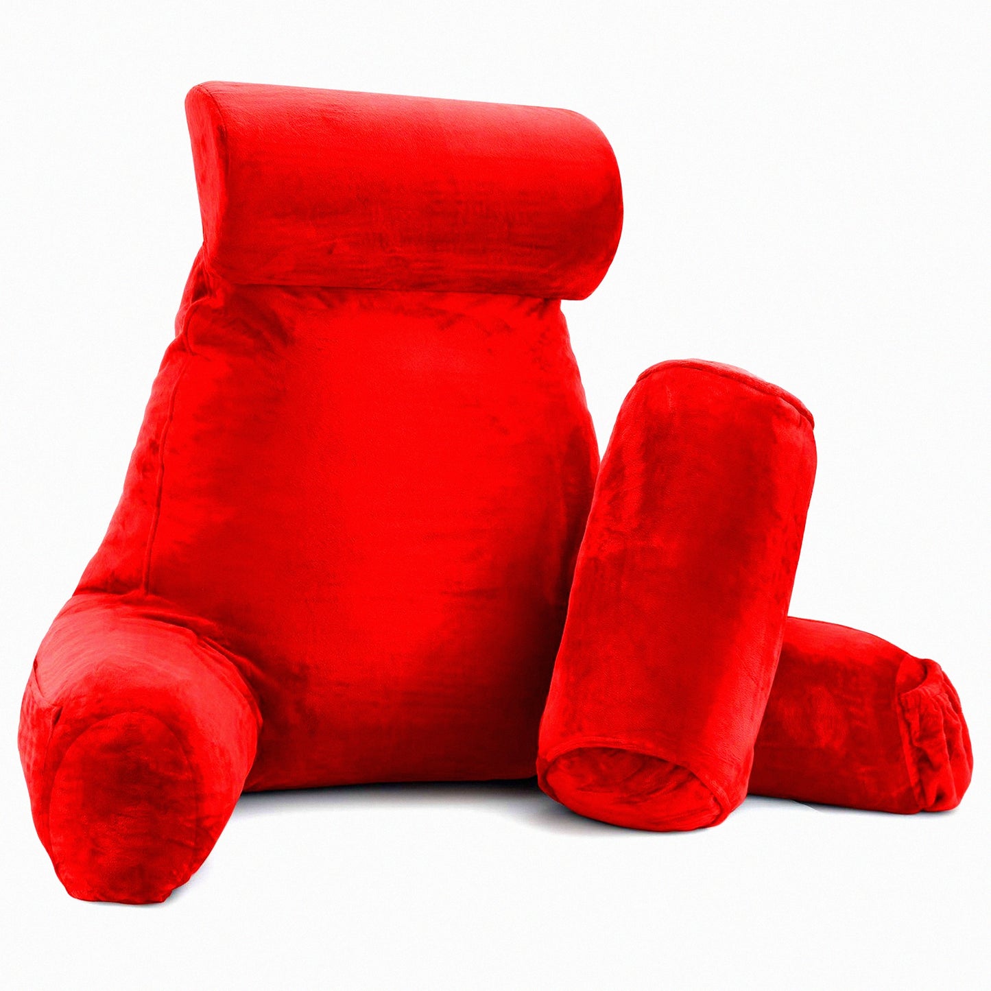 MemoryFoam Comfort Pillow - Lumbar Support Reading Cushion with Arms & Pockets for Kids, Teens, Adults. Detachable Neck Roll for Extra Comfort. Large Size, Red Color.