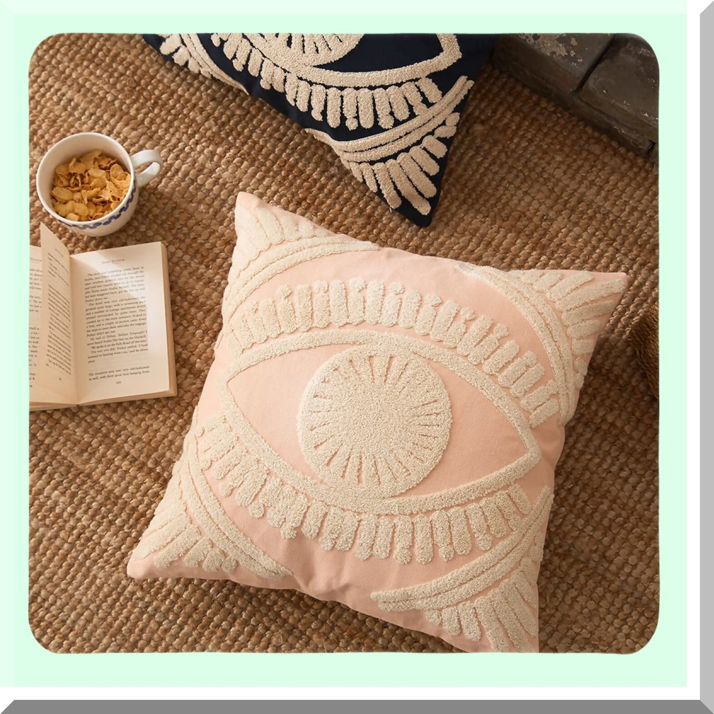 Geometric Boho Farmhouse Embroidered Throw Pillow Cover - Square Cushion Case for Couch Sofa Bed - Tufted Decorative Accent (18"x18")