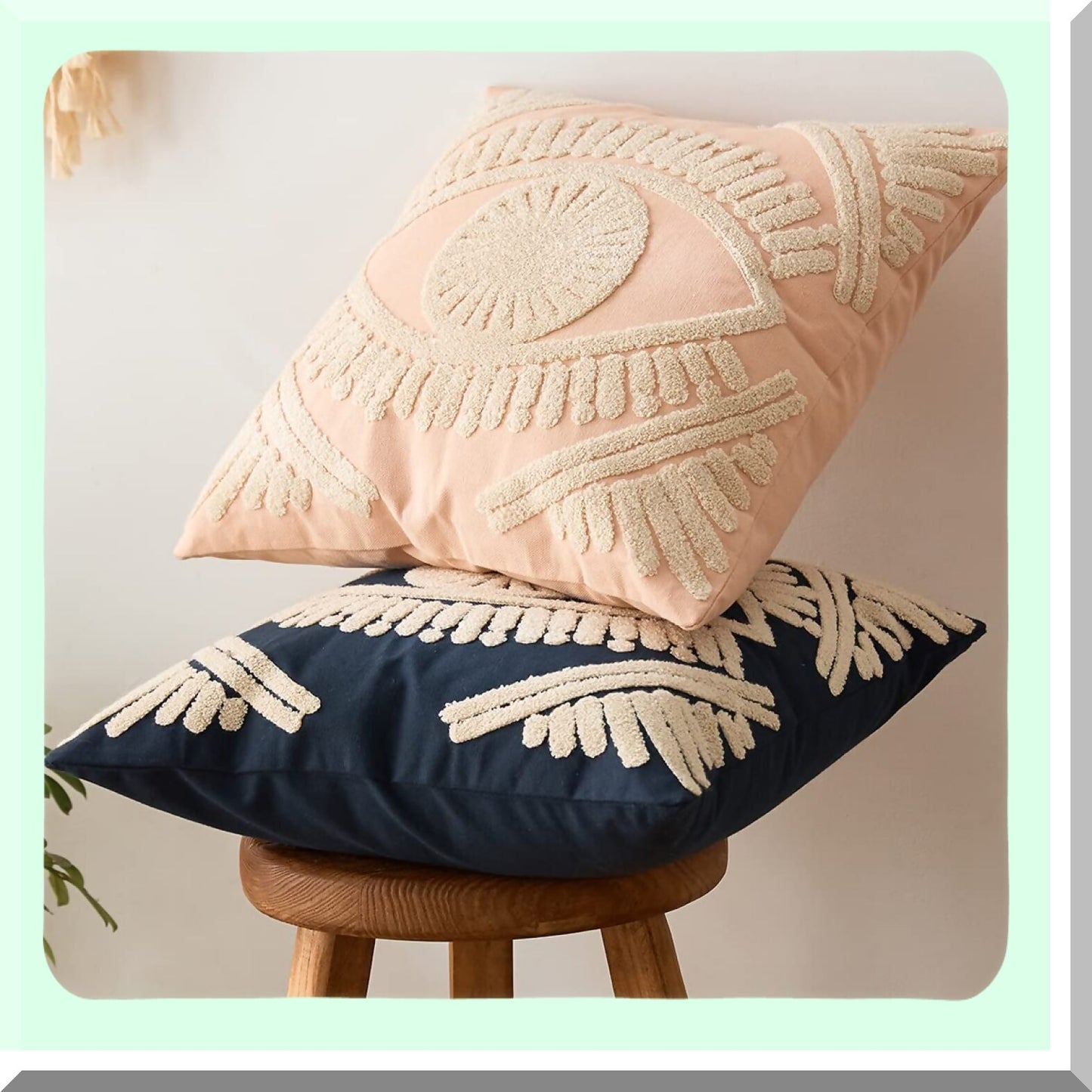 Geometric Boho Farmhouse Embroidered Throw Pillow Cover - Square Cushion Case for Couch Sofa Bed - Tufted Decorative Accent (18"x18")