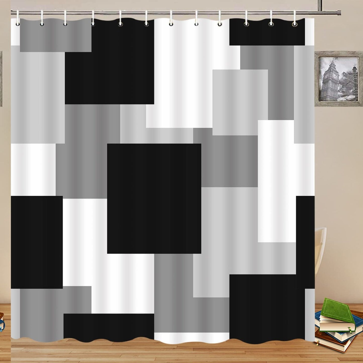Geometric Shower Curtain Black White Grey 70x70 Inch