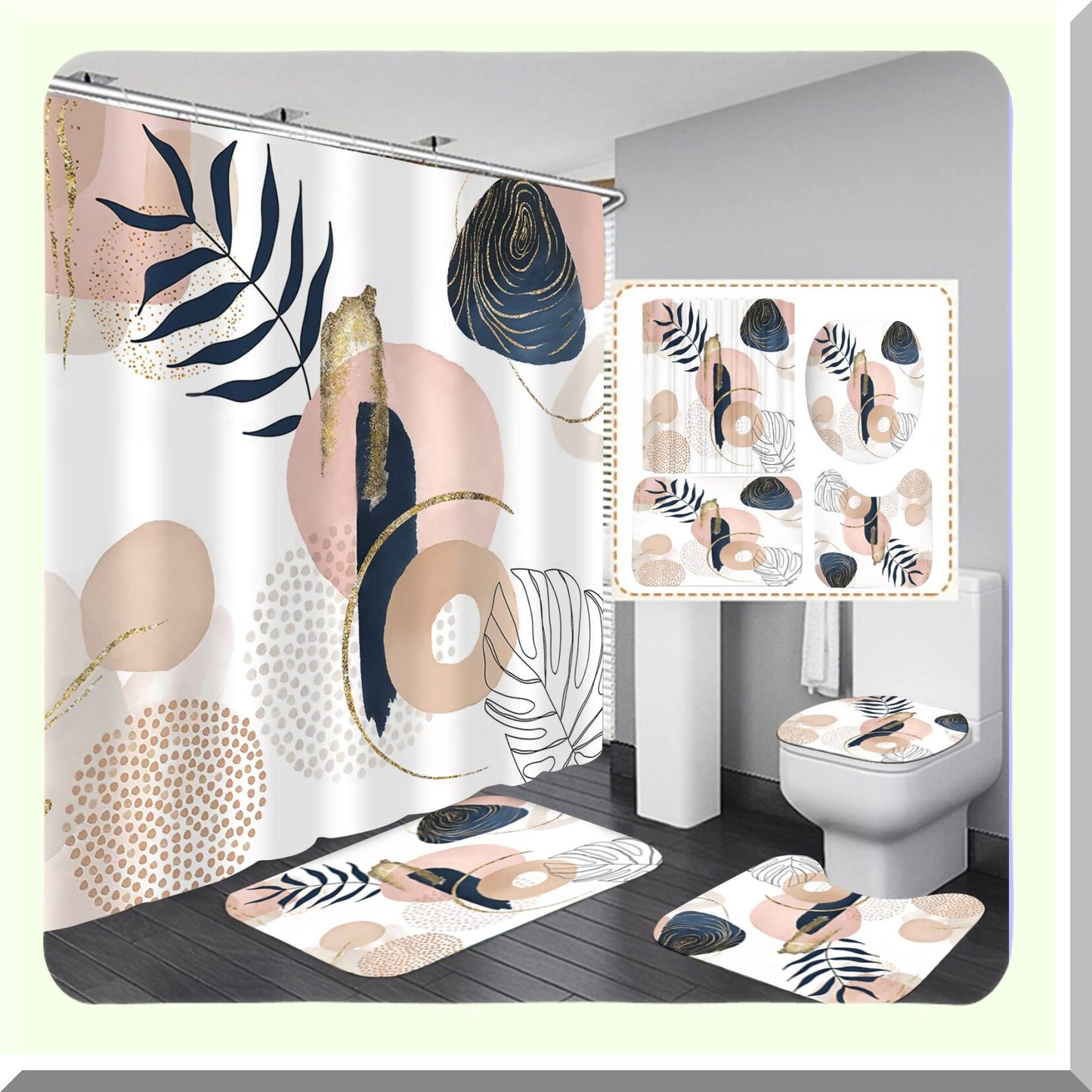 Abstract Mid Century Shower Curtain Set with Bath Mat