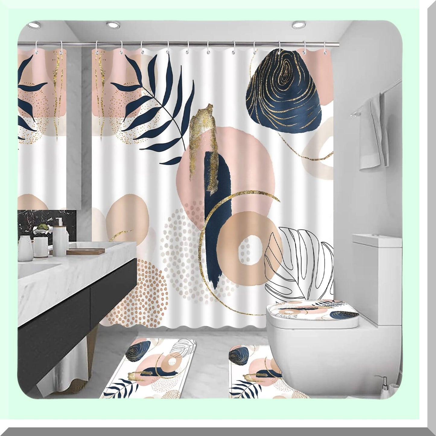 Abstract Mid Century Shower Curtain Set with Bath Mat