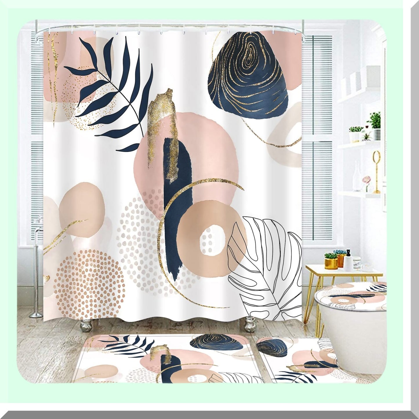 Abstract Mid Century Shower Curtain Set with Bath Mat