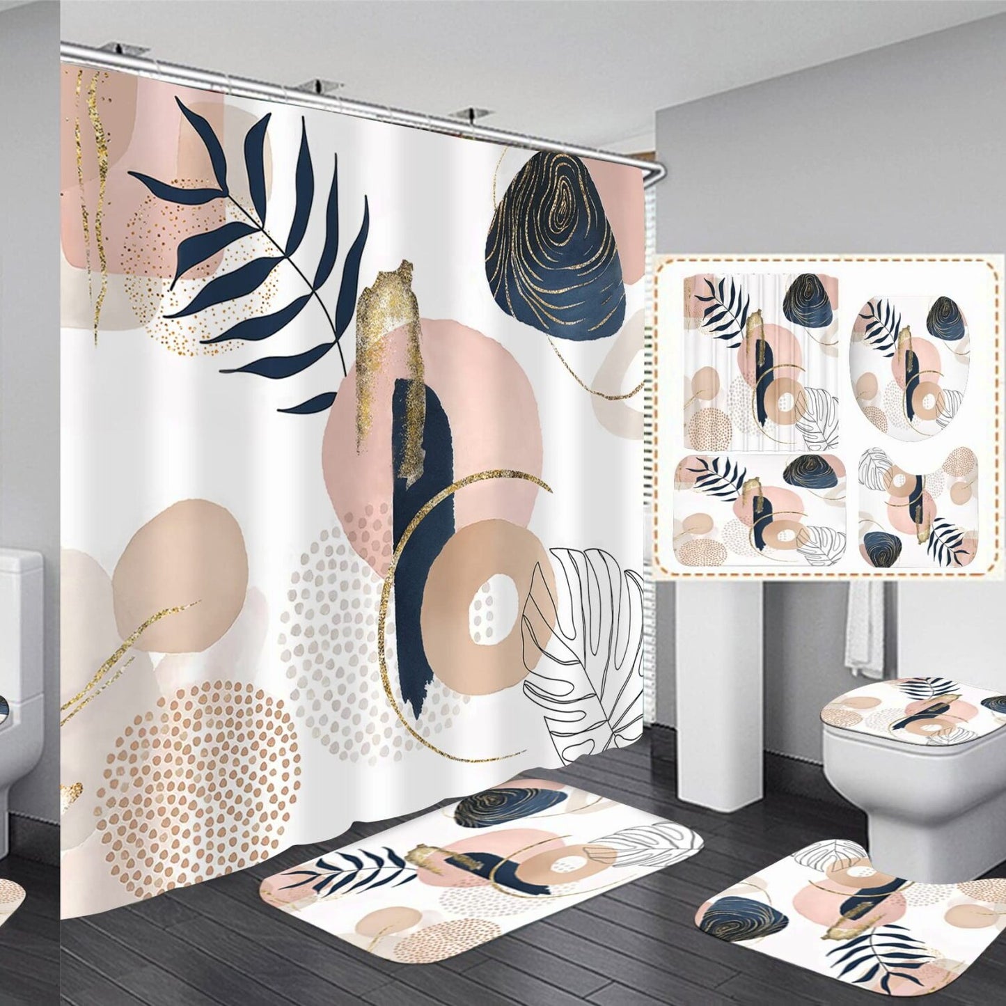 Abstract Mid Century Shower Curtain Set with Bath Mat