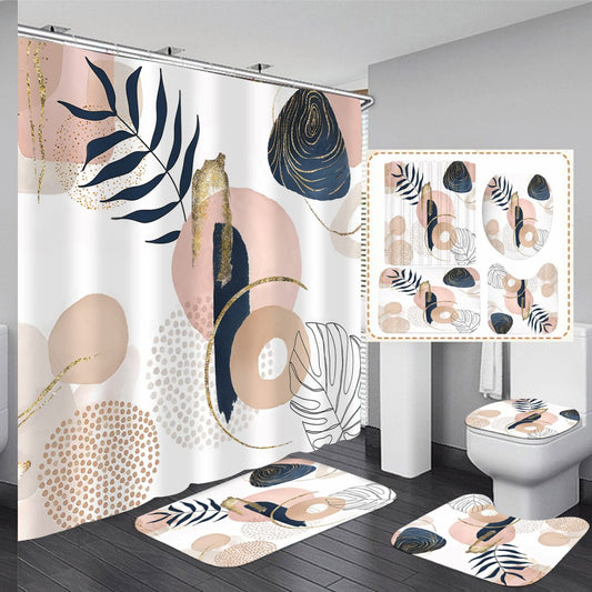 Abstract Mid Century Shower Curtain Set with Bath Mat and Rugs