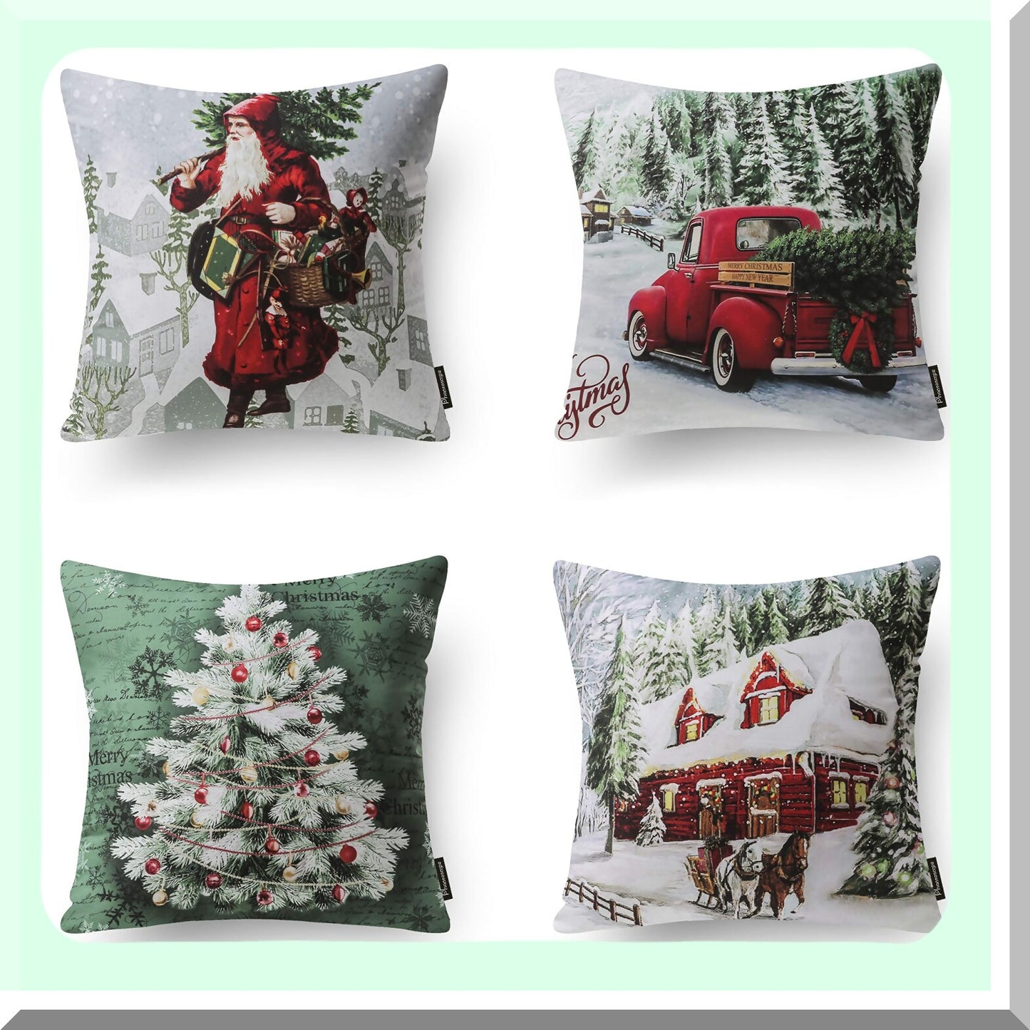 Velvet Christmas Pillow Cover Set - Festive Tree & Car Decor Cushion Cases - Holiday Red & Green Throw Pillow Covers - 18x18 Inch Pack of 4