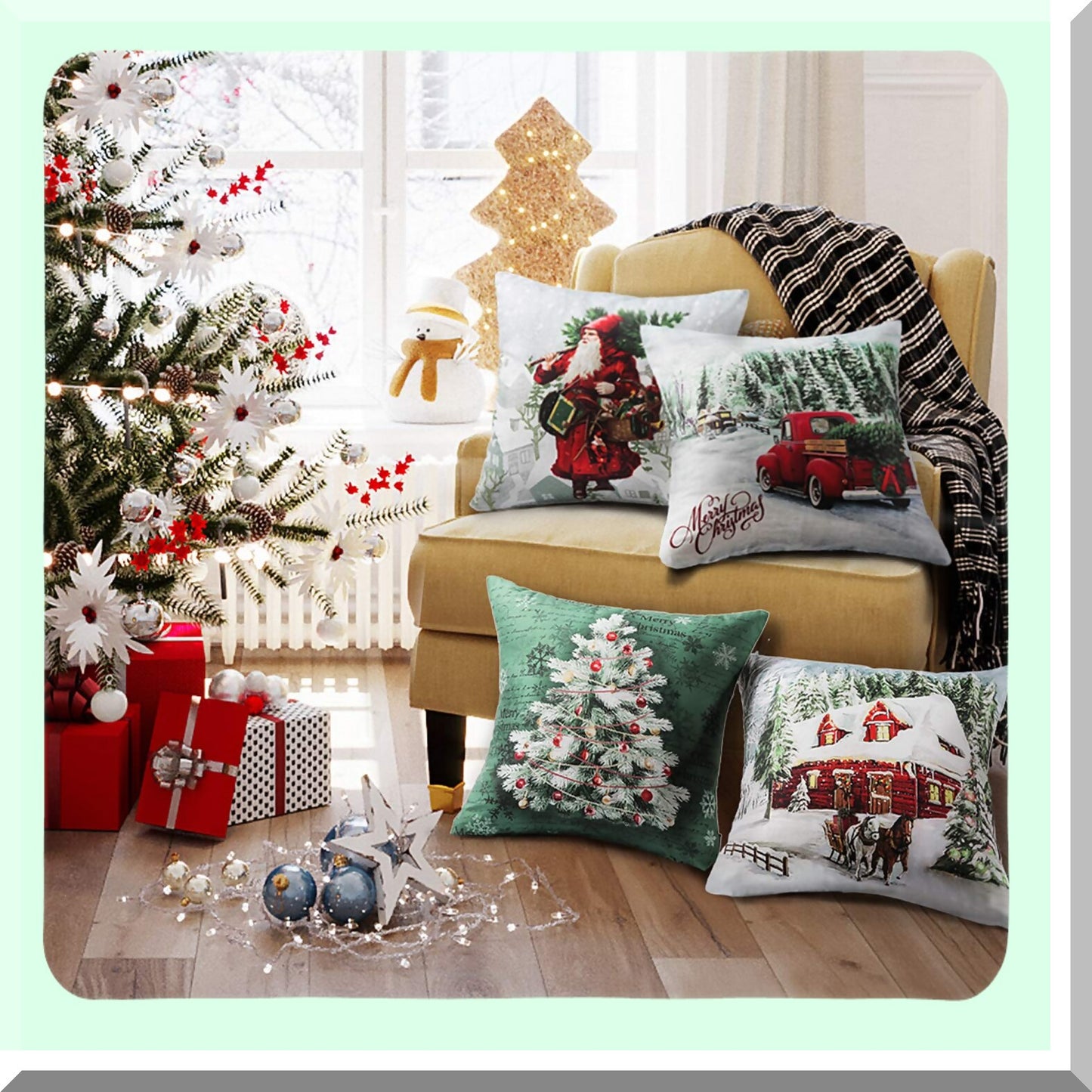 Velvet Christmas Pillow Cover Set - Festive Tree & Car Decor Cushion Cases - Holiday Red & Green Throw Pillow Covers - 18x18 Inch Pack of 4