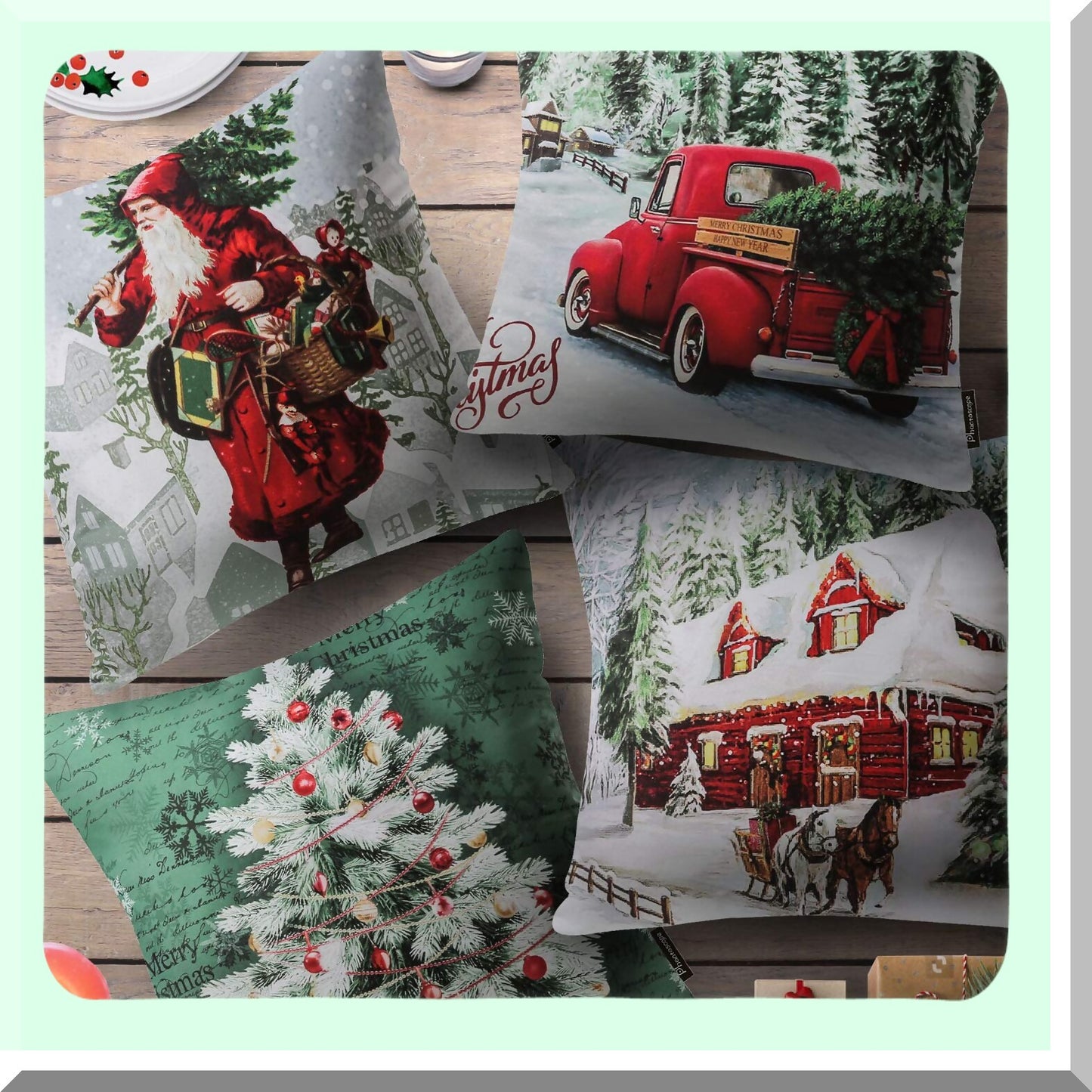 Velvet Christmas Pillow Cover Set - Festive Tree & Car Decor Cushion Cases - Holiday Red & Green Throw Pillow Covers - 18x18 Inch Pack of 4