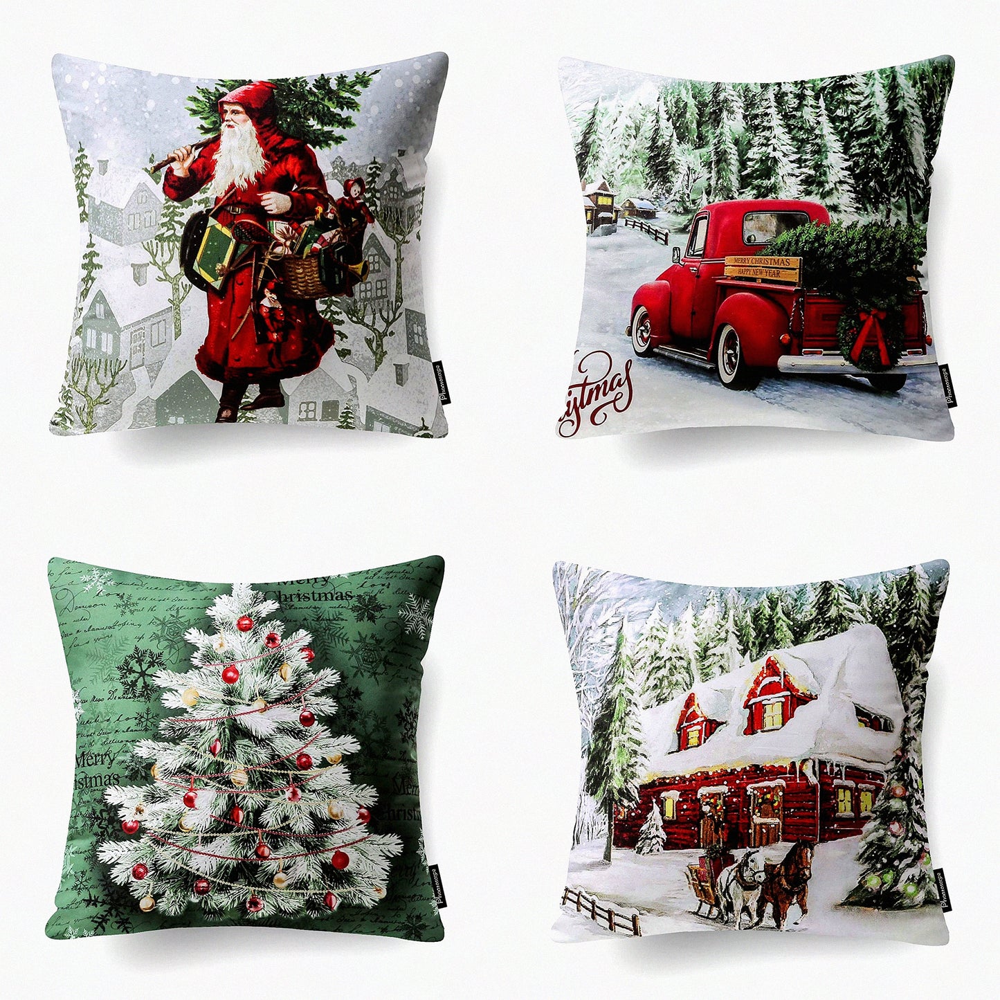 Velvet Christmas Pillow Cover Set - Festive Tree & Car Decor Cushion Cases - Holiday Red & Green Throw Pillow Covers - 18x18 Inch Pack of 4
