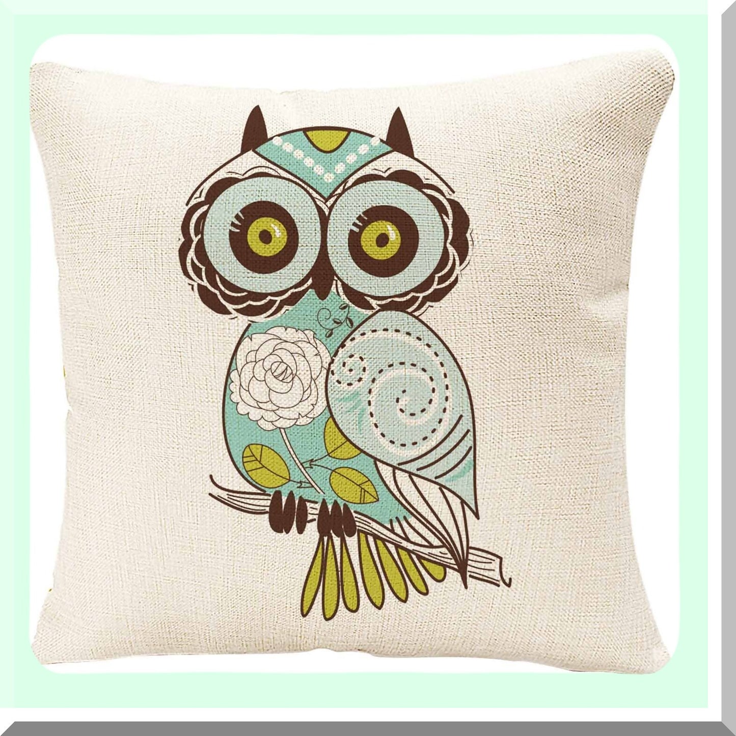 Cartoon Owl Green Pillowcase - Cute Cushion Cover for Home Decor - 18x18 Inches Throw Pillow Case - Adorable Cartoon Design