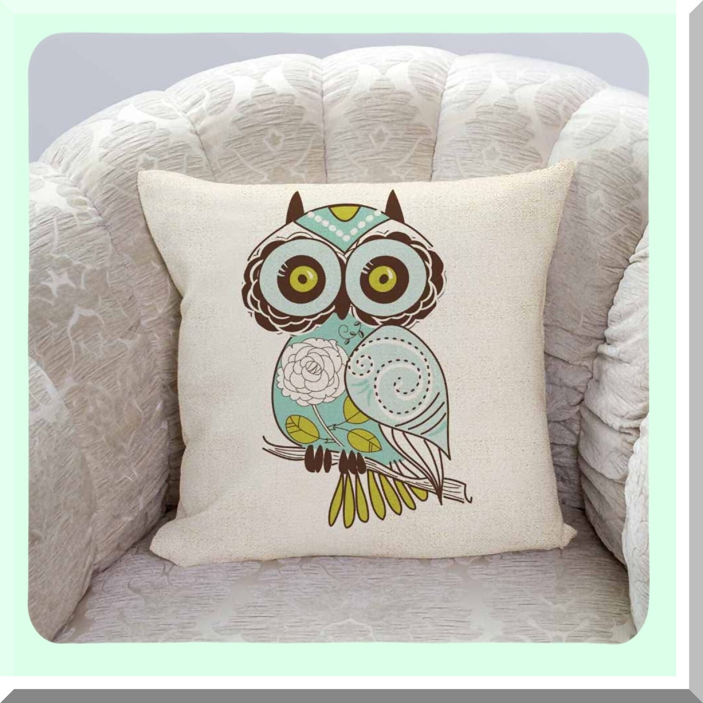 Cartoon Owl Green Pillowcase - Cute Cushion Cover for Home Decor - 18x18 Inches Throw Pillow Case - Adorable Cartoon Design