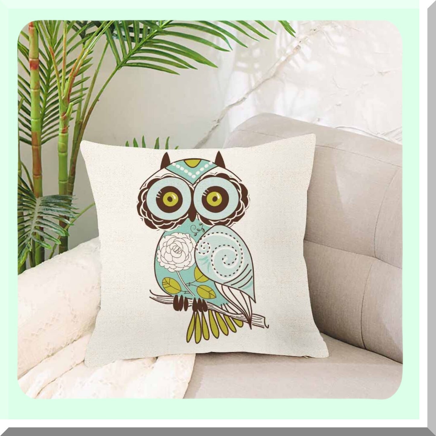Cartoon Owl Green Pillowcase - Cute Cushion Cover for Home Decor - 18x18 Inches Throw Pillow Case - Adorable Cartoon Design