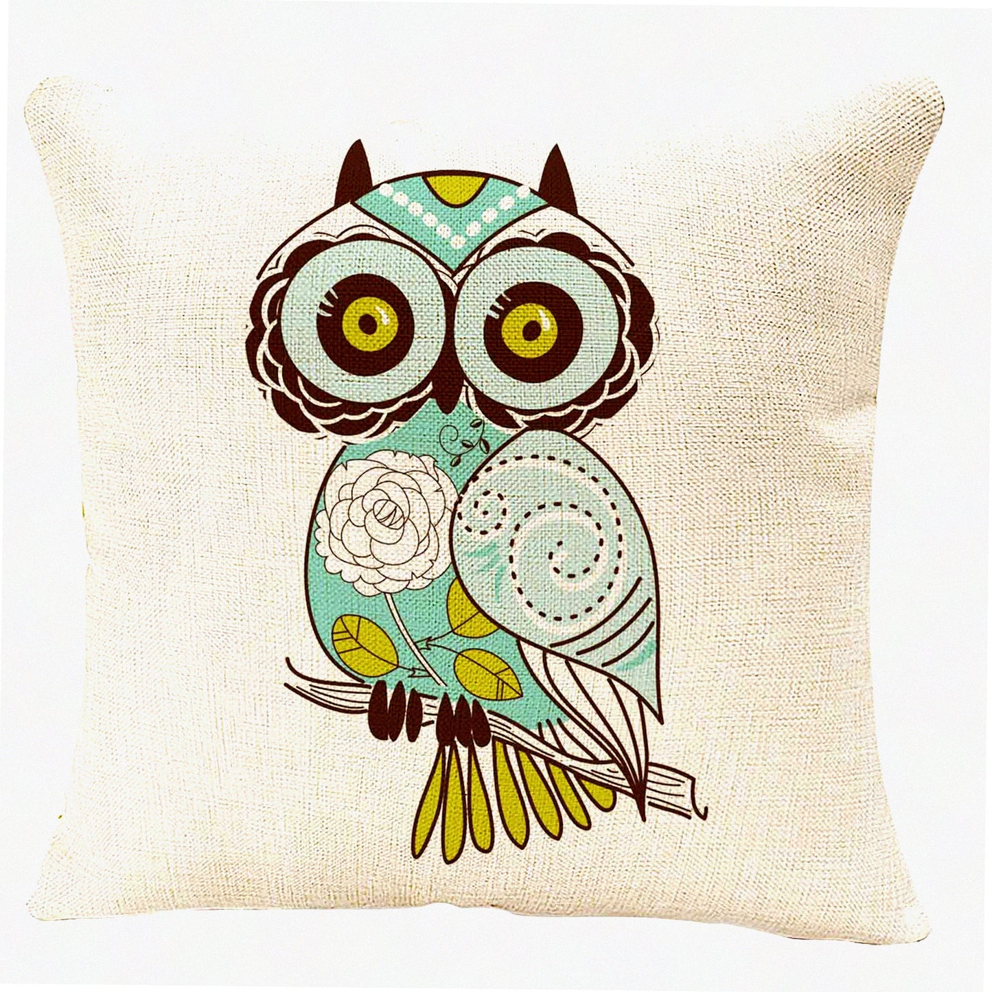 Cartoon Owl Green Pillowcase - Cute Cushion Cover for Home Decor - 18x18 Inches Throw Pillow Case - Adorable Cartoon Design