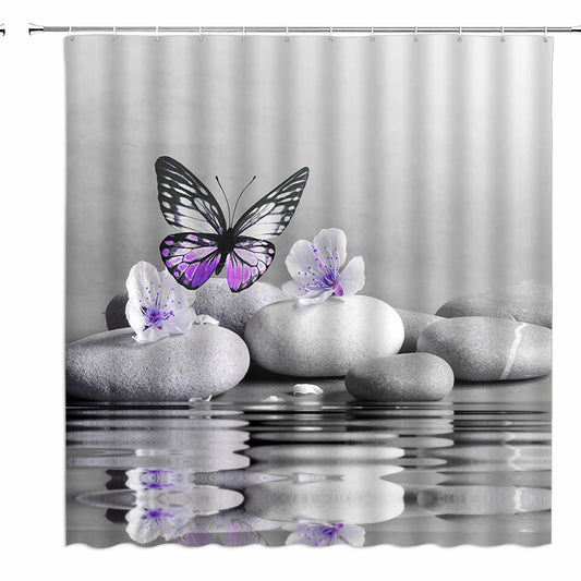 Butterfly Shower Curtain Compatible with Purple Gray Stones