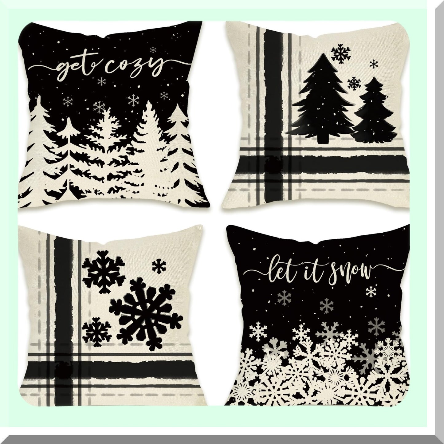 Snowflake Cozy Farmhouse Pillow Covers Set - Let It Snow Pine Tree Outdoor Cushion Case - Winter Seasonal Holiday Decor - Black 18x18 Throw Pillowcase