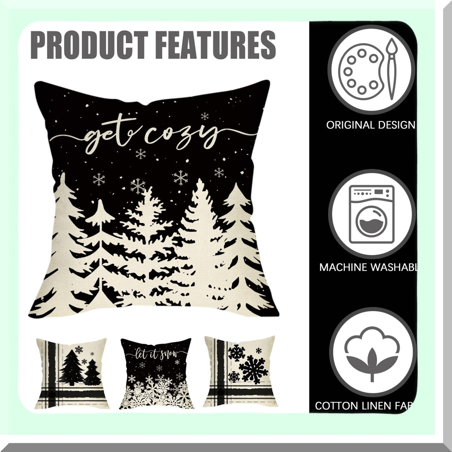 Snowflake Cozy Farmhouse Pillow Covers Set - Let It Snow Pine Tree Outdoor Cushion Case - Winter Seasonal Holiday Decor - Black 18x18 Throw Pillowcase