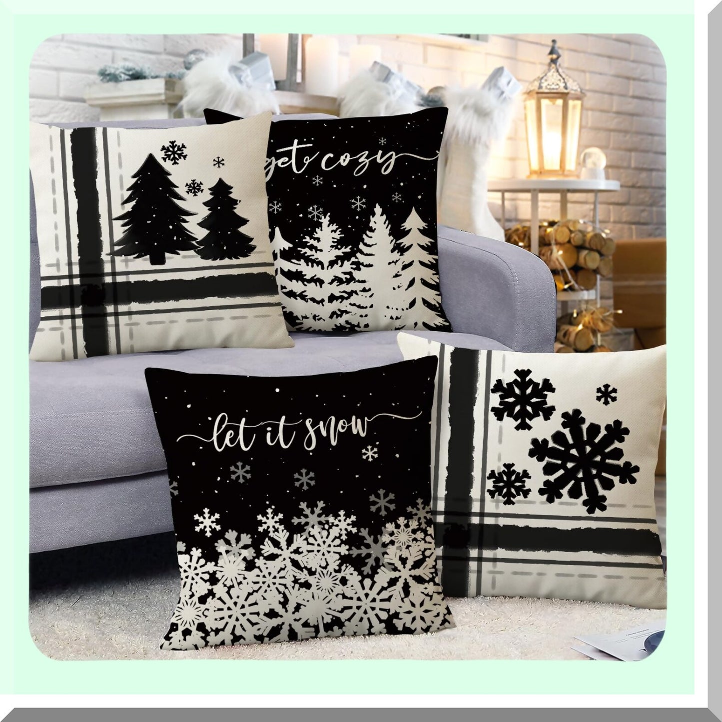 Snowflake Cozy Farmhouse Pillow Covers Set - Let It Snow Pine Tree Outdoor Cushion Case - Winter Seasonal Holiday Decor - Black 18x18 Throw Pillowcase