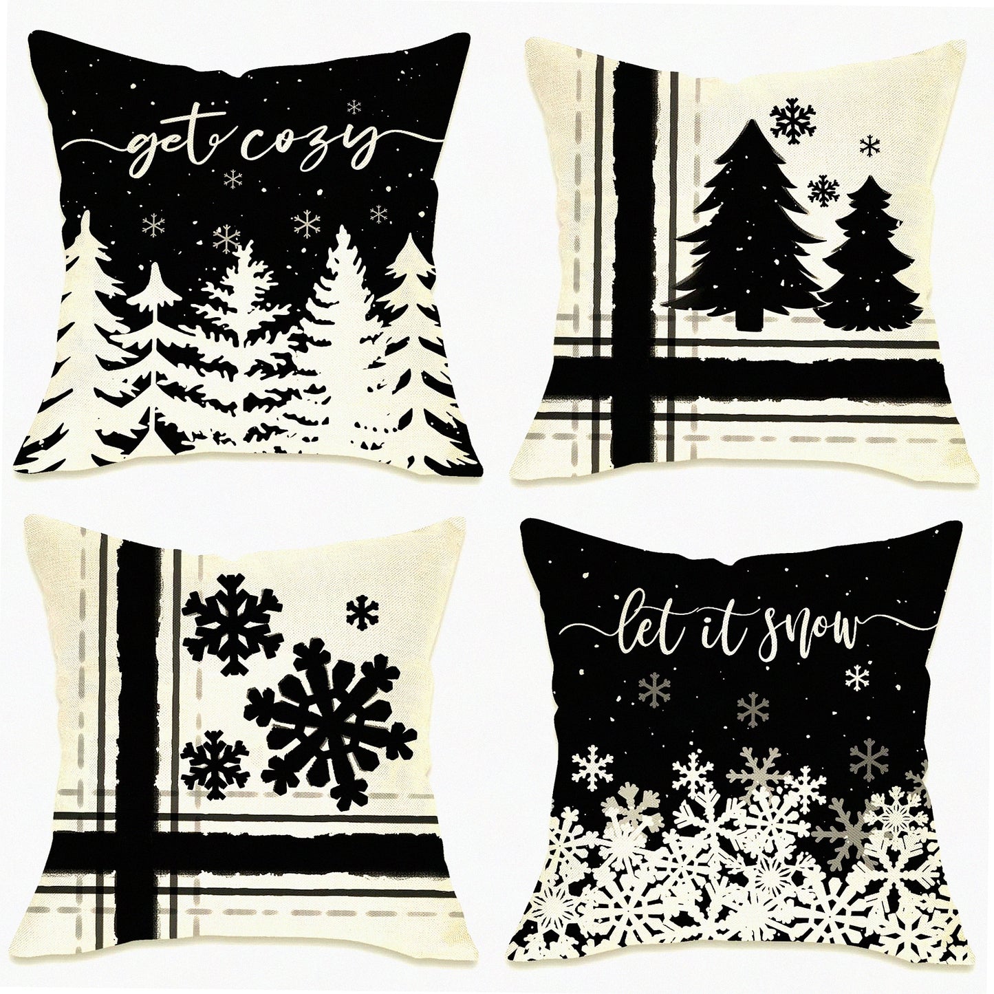 Snowflake Cozy Farmhouse Pillow Covers Set - Let It Snow Pine Tree Outdoor Cushion Case - Winter Seasonal Holiday Decor - Black 18x18 Throw Pillowcase