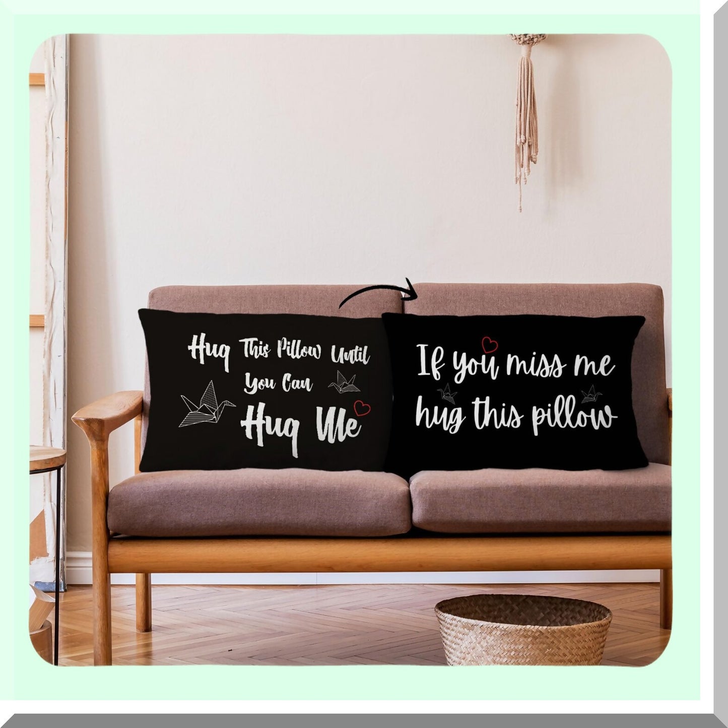 Long Distance Hug Pillowcase - Reversible Throw Cushion Cover for Home Decor, 12x20 inch, Miss You Gifts for Boyfriend, Black Color