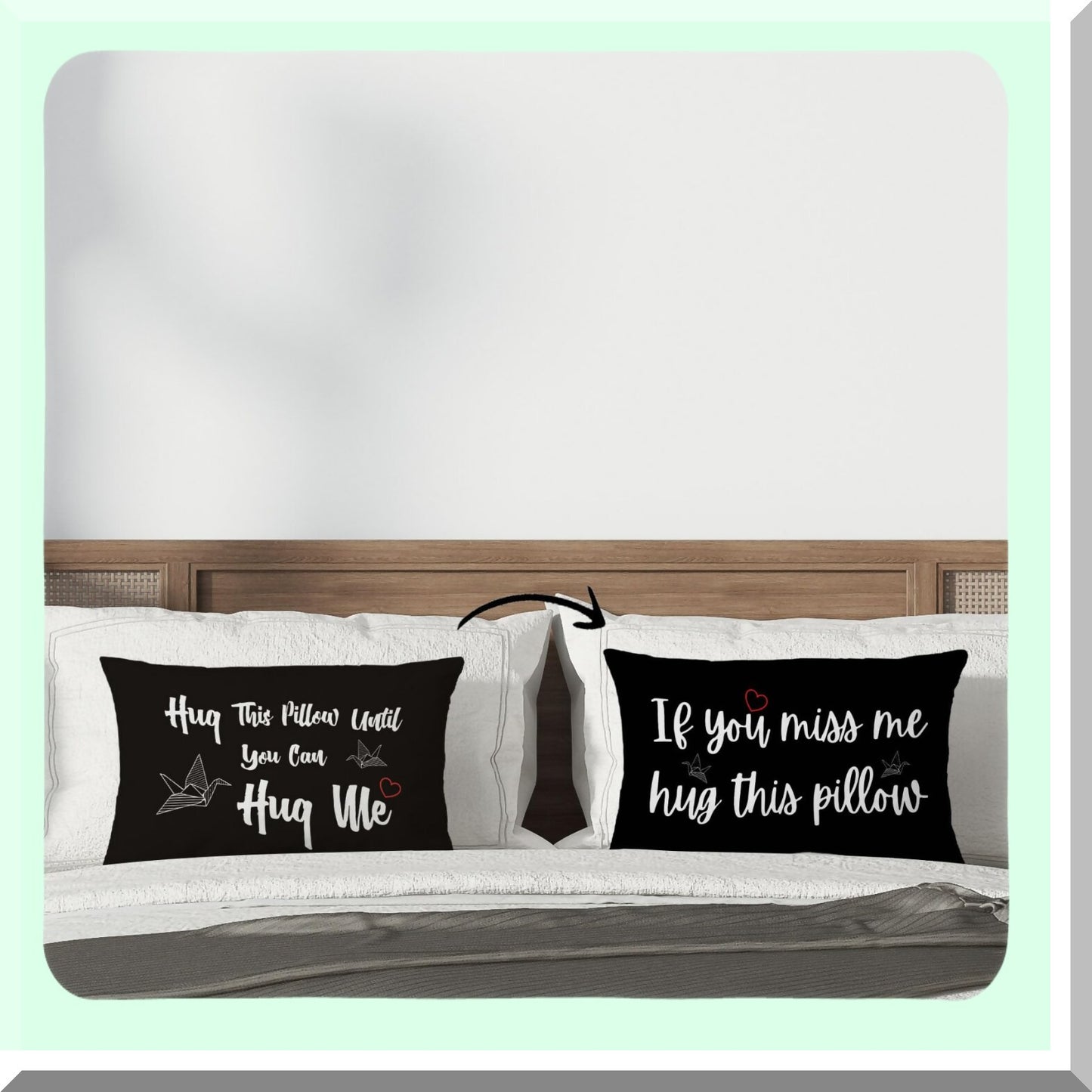 Long Distance Hug Pillowcase - Reversible Throw Cushion Cover for Home Decor, 12x20 inch, Miss You Gifts for Boyfriend, Black Color