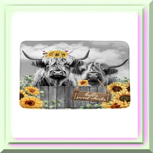 Highland Cow Bath Mat with Sunflower Floral Design