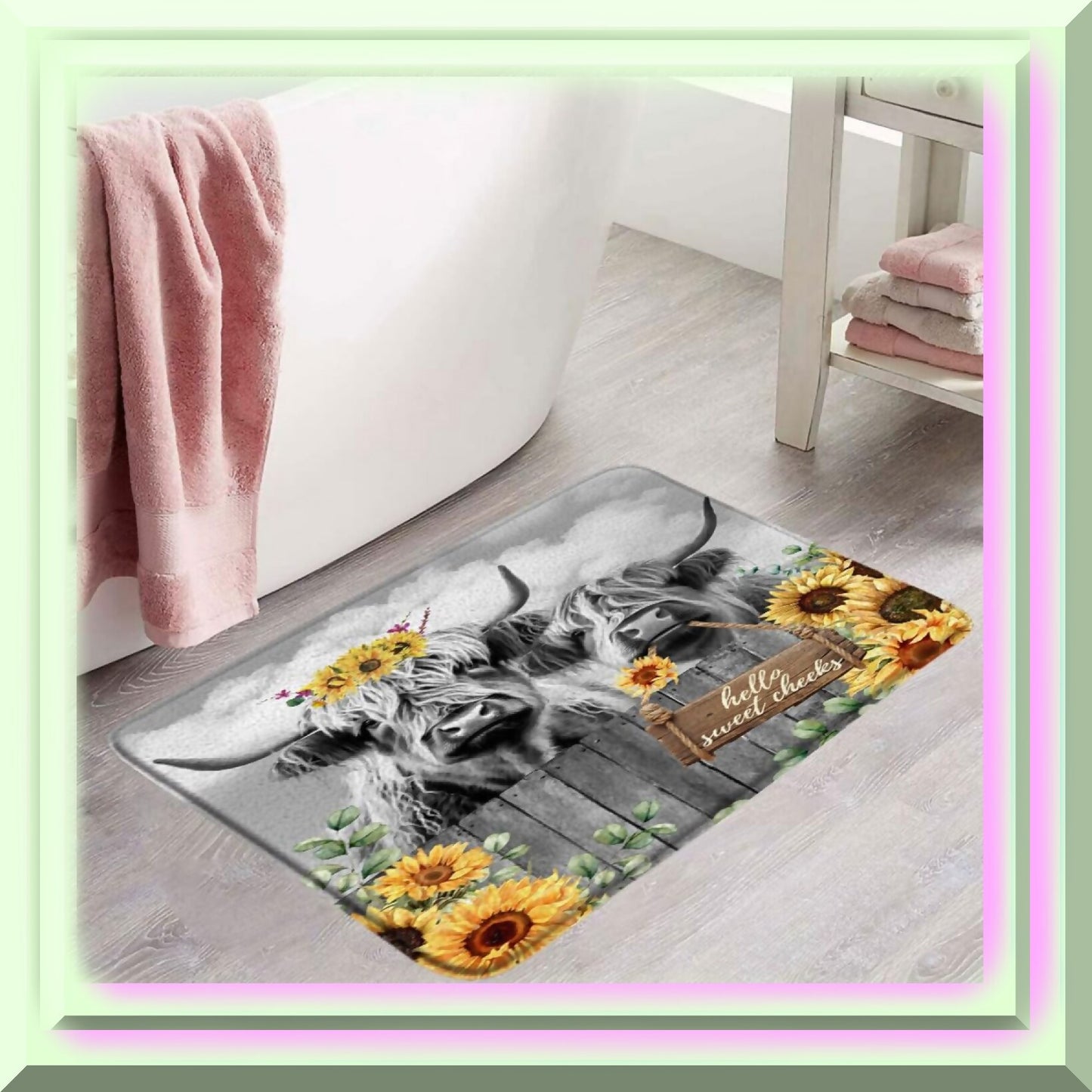 Highland Cow Bath Mat with Sunflower Floral Design